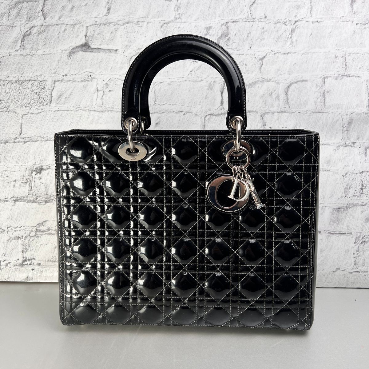 DIOR Bag: Cannage Patent Leather Black W33H25D16cm w/card;