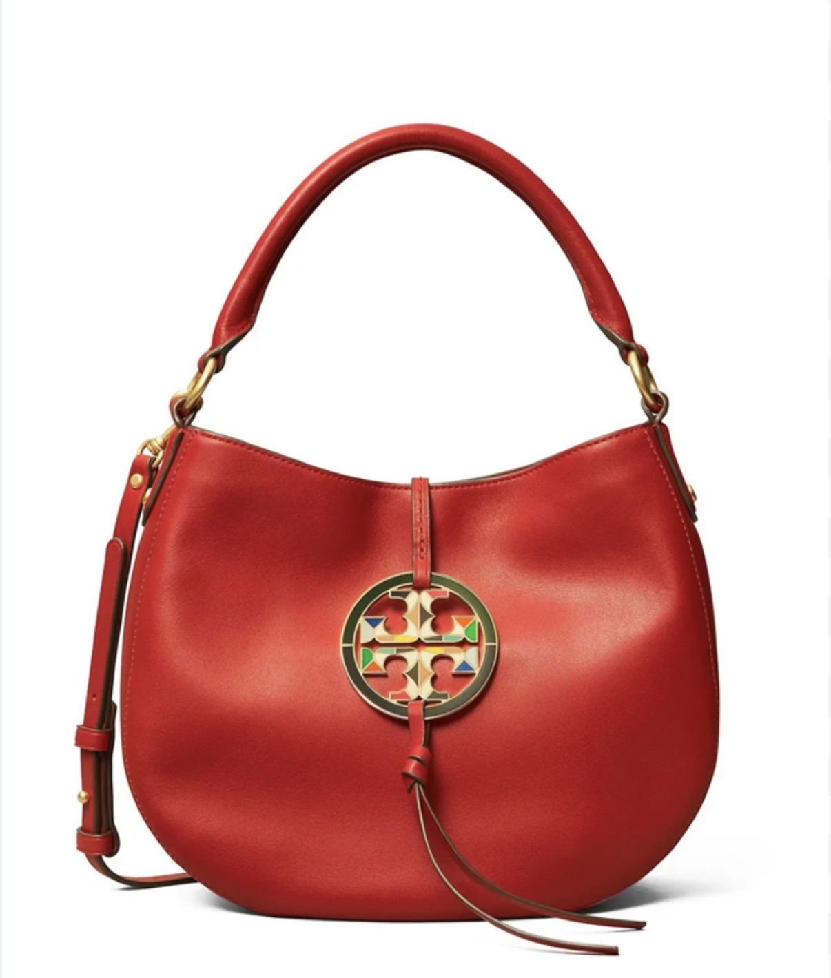 Tory Burch Red Leather Miller Hobo Bag with Multi Colour Logo Clasp