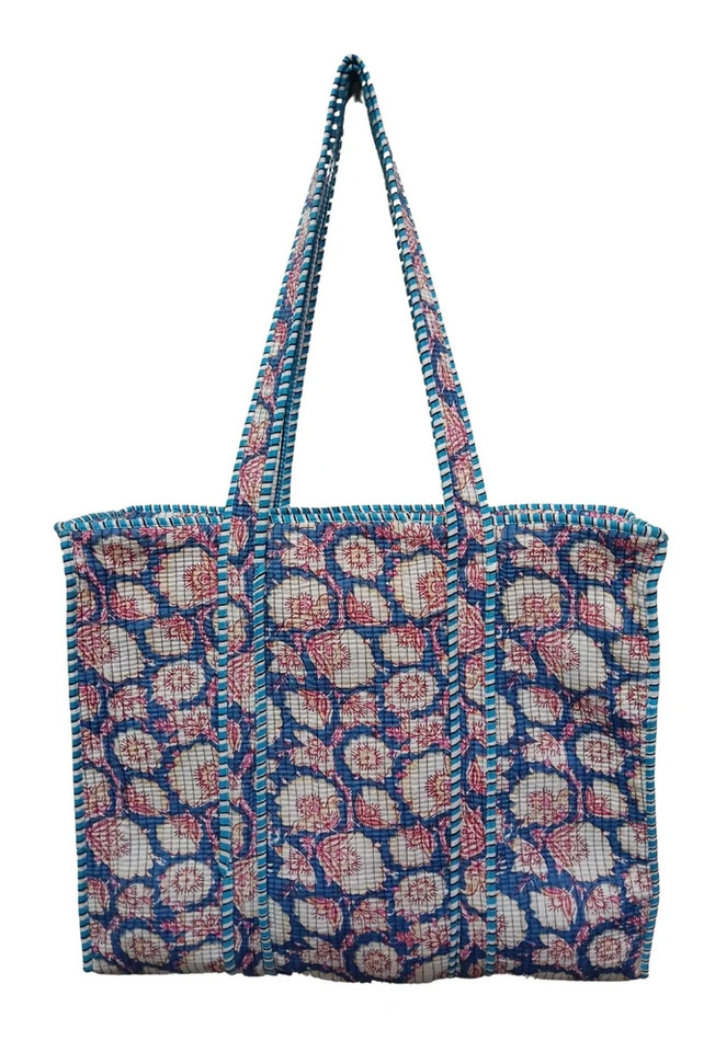 Indian Cotton Quilted Tote Bag Blue Print Handmade Shoulder Bag