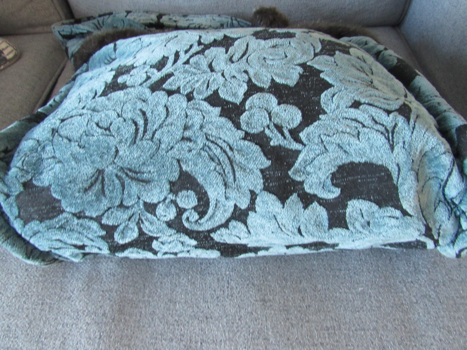 Vintage Handmade Thick Brocade Fabric Blue Flowers Faux Fur Handbag Shoulder Bag