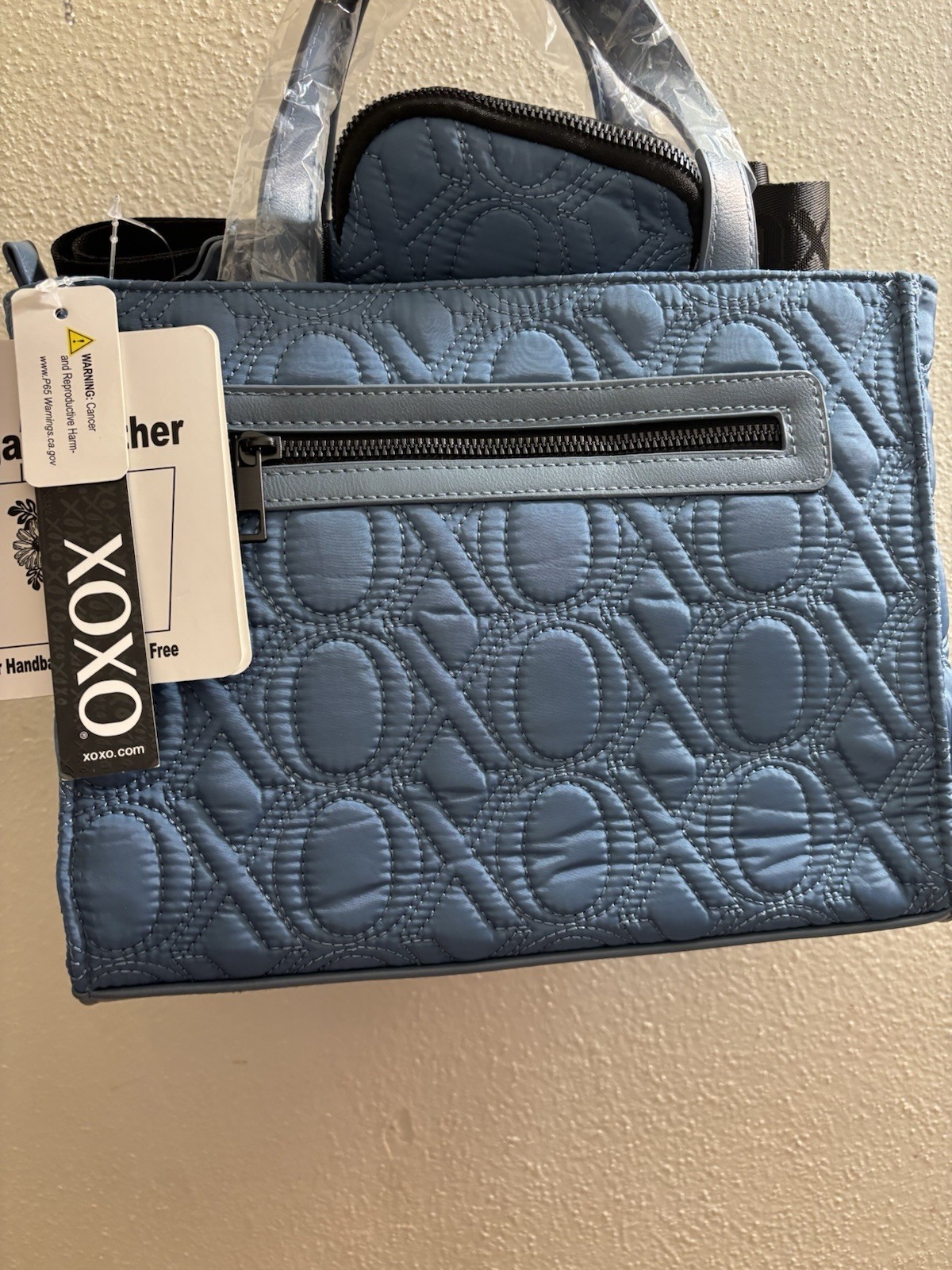 XOXO Blue Quilted Tote Top Handle Zip w/ Detachable Adjustable Strap Pockets
