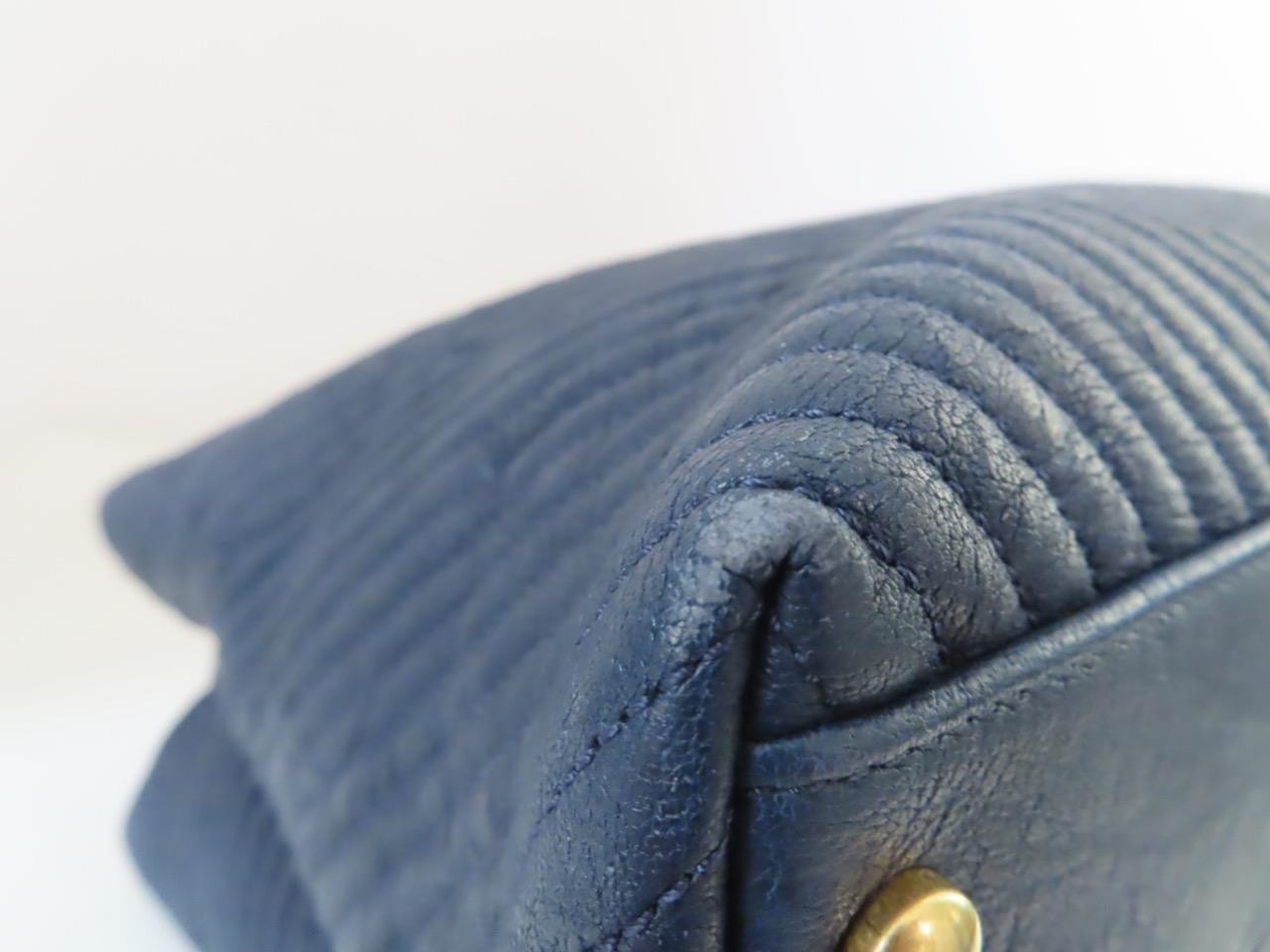 CHANEL Navy Leather Chevron Quilted/Brushed Gold Hardware Tote Bag