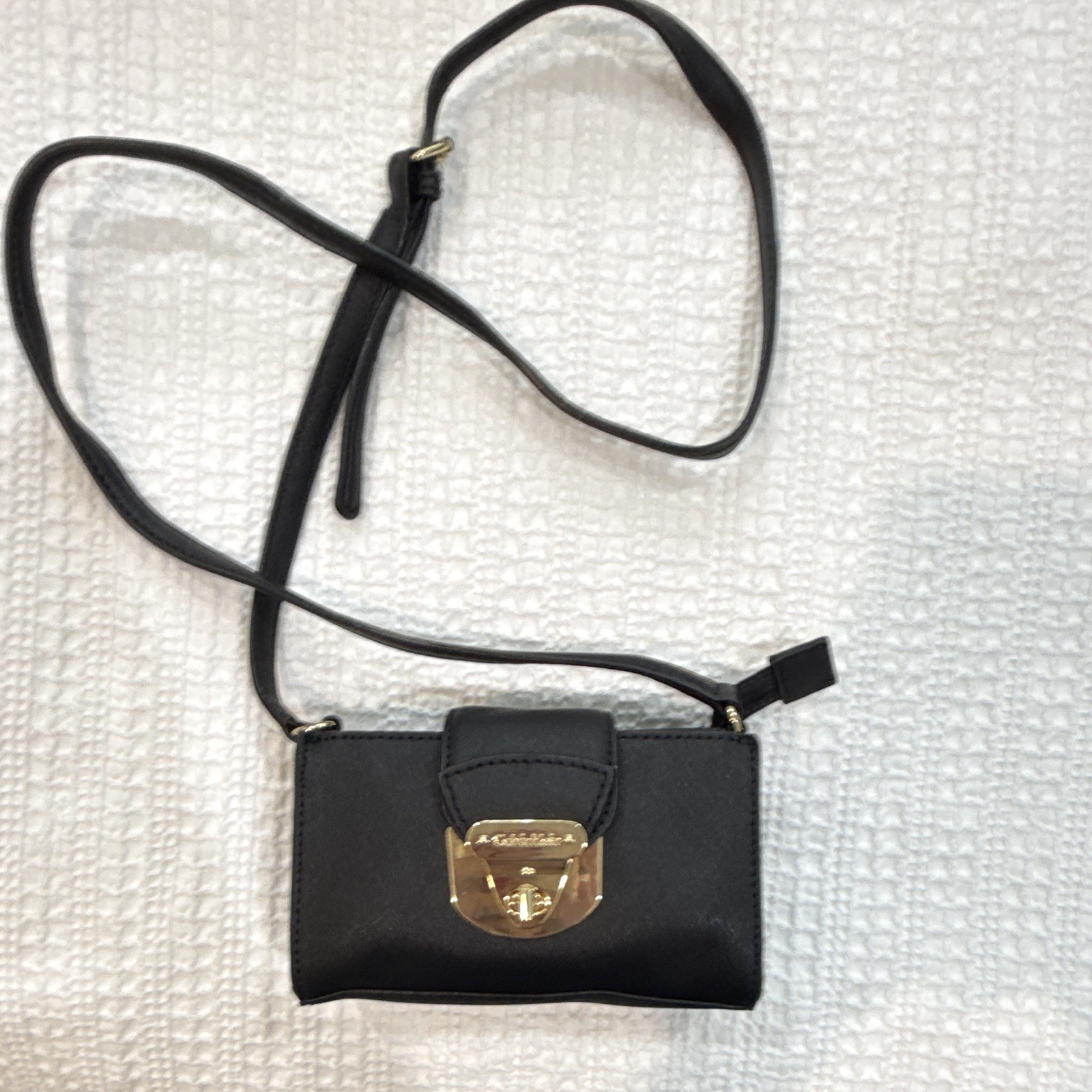 Calvin Klein Small Black Crossbody Bag, Turn Lock & Zip, Gold Hardware Strap