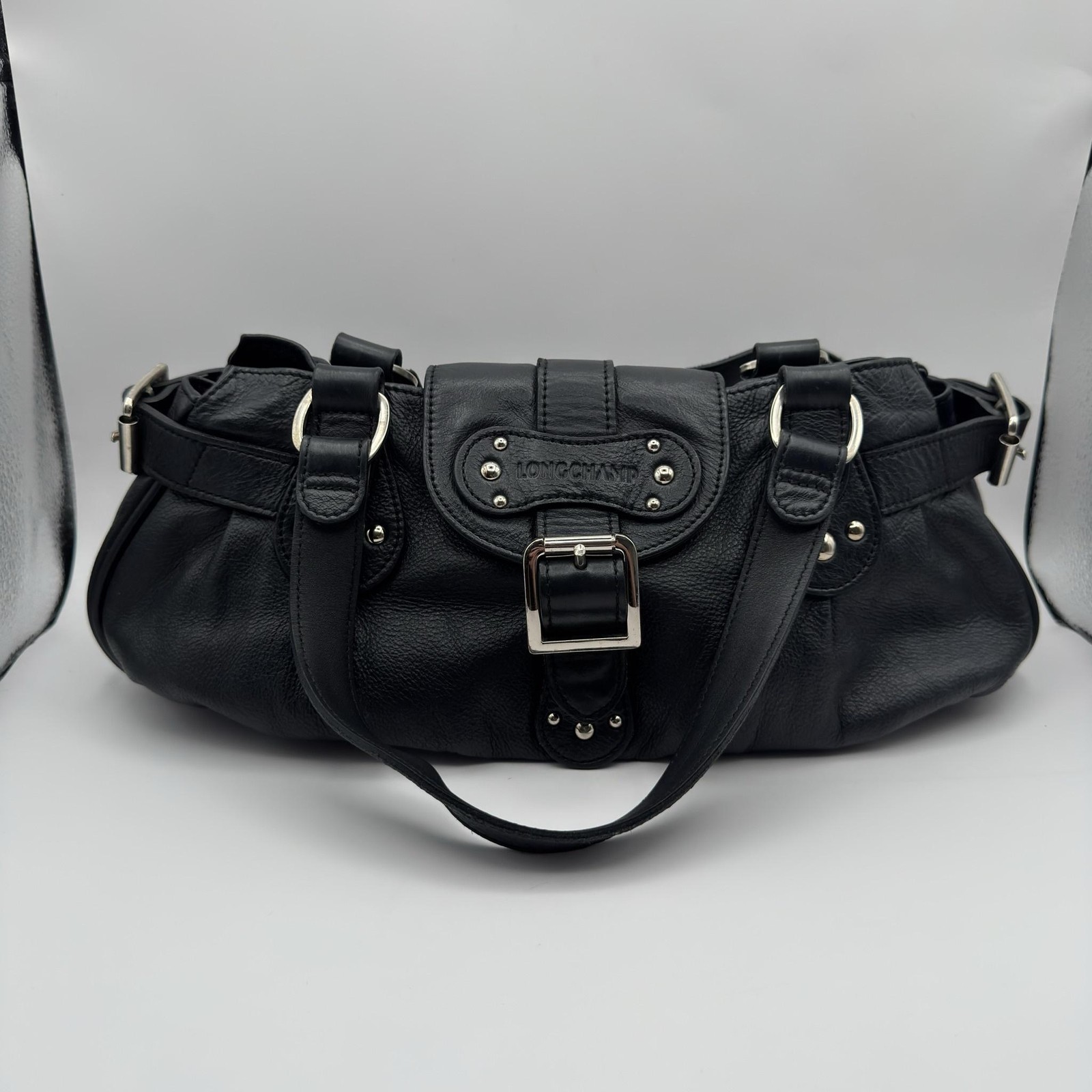 VTG Longchamp Idole Black Grained Leather Satchel Bag Studded Buckle Flap France