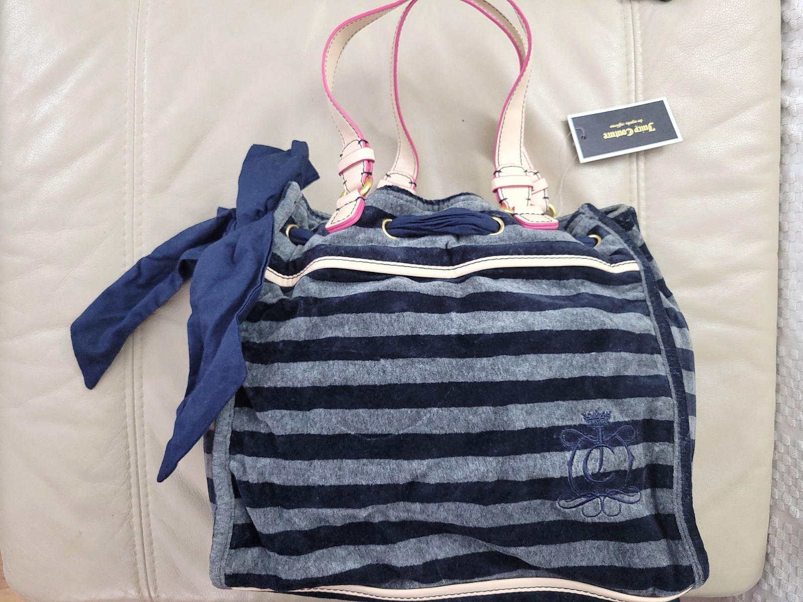 Vintage Navy and Gray Striped Daydreamer Juicy Couture Velour Tote Bag
