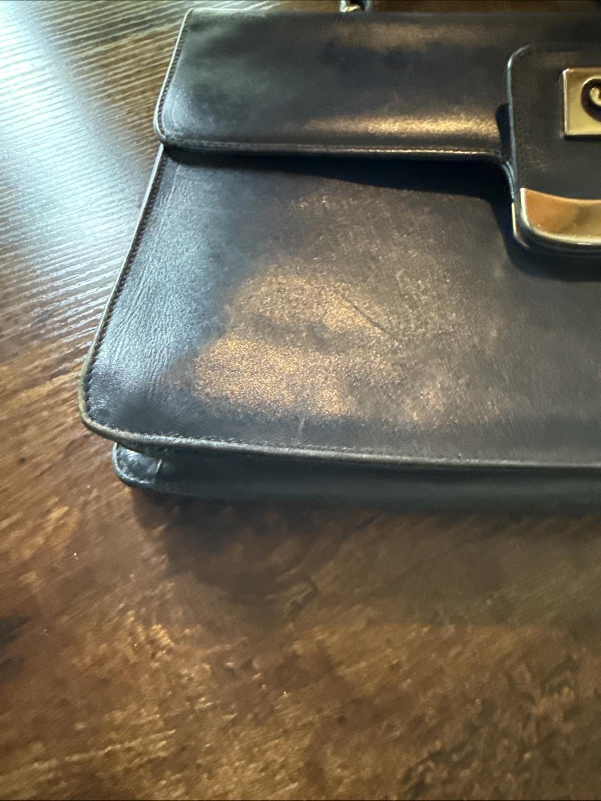 Vintage Pierre Cardin Navy Blue Leather Top Handle Handbag 11″x8″