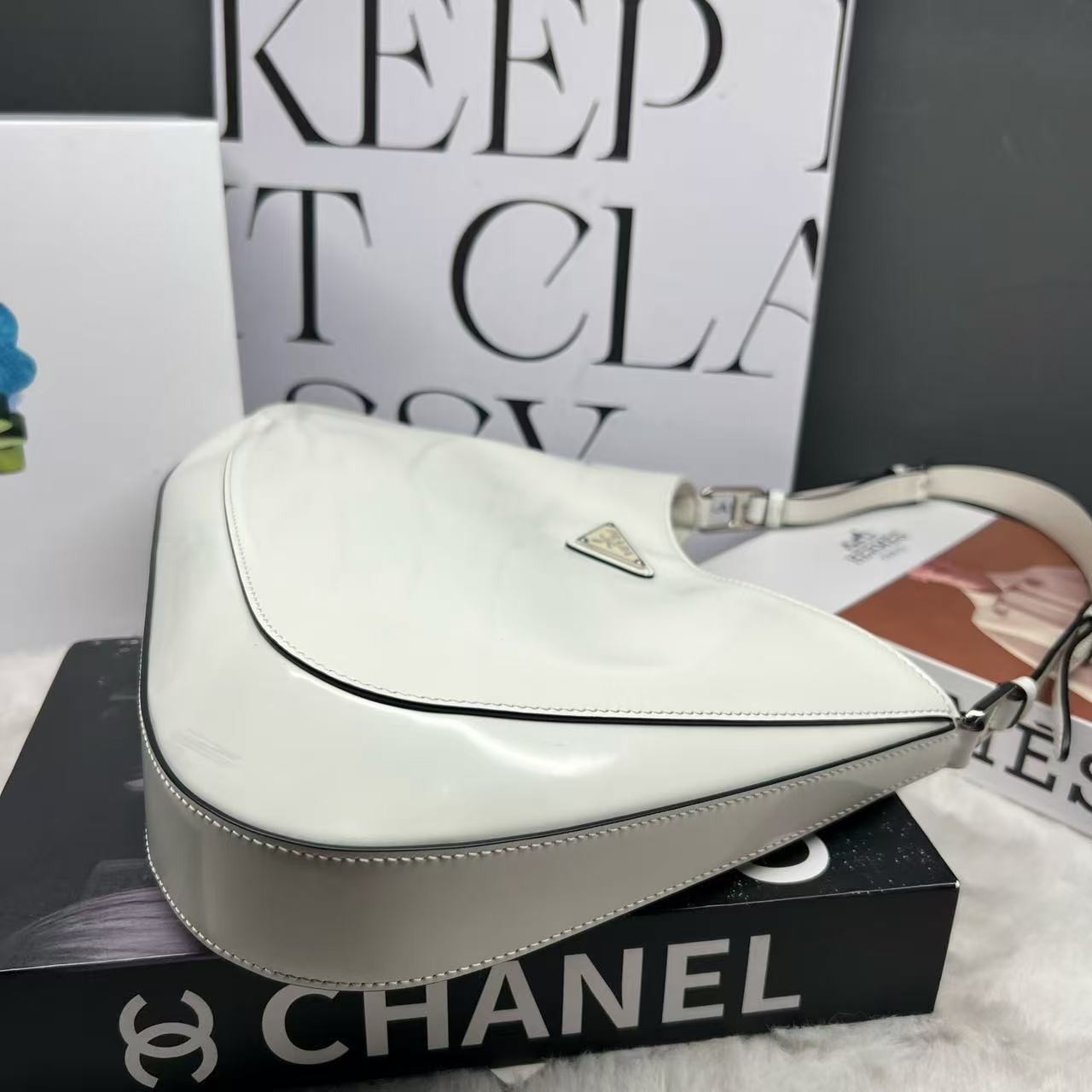 Prada Cleo Brushed Leather Shoulder Bag White Leather Nylon Straps AUTHENTIC