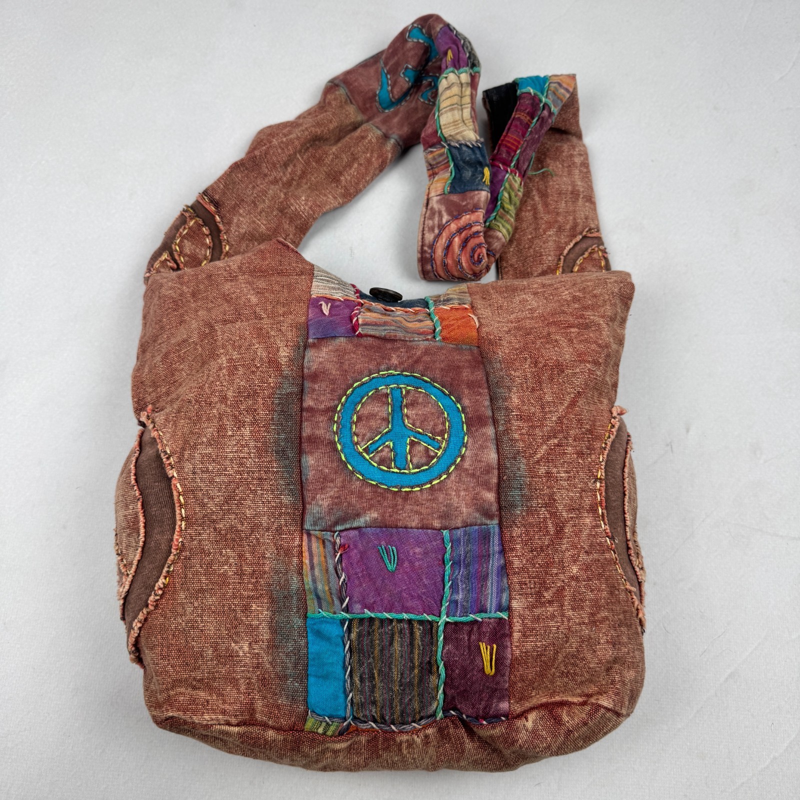 Vintage Hippie Peace Sign Patchwork Shoulder Bag Boho Festival Grunge Y2K