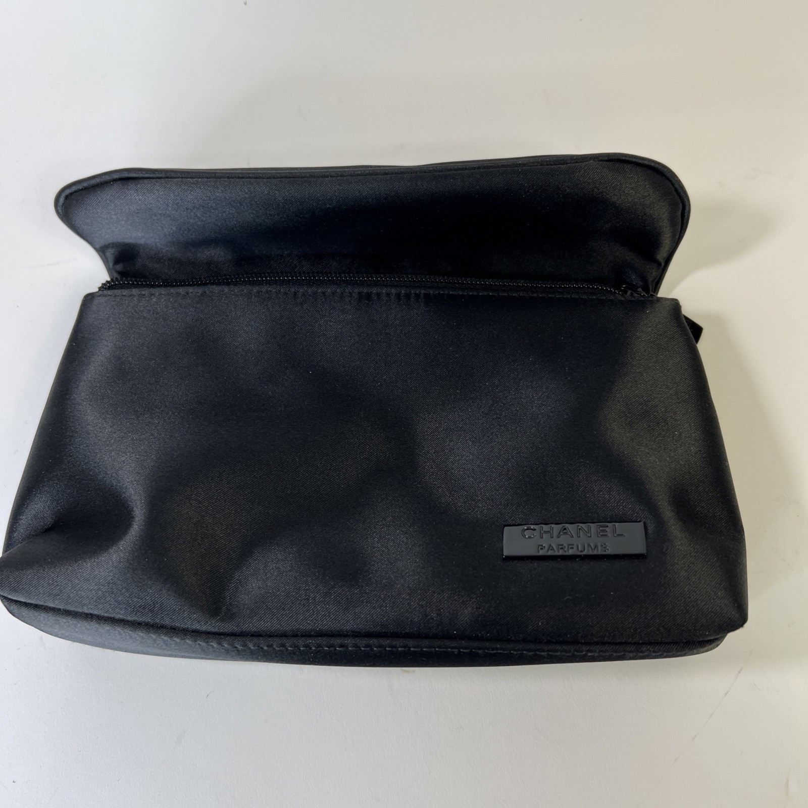 Chanel Parfums Black Satin Limited Edition Poly-Satin Zip & Flap Bag/Clutch