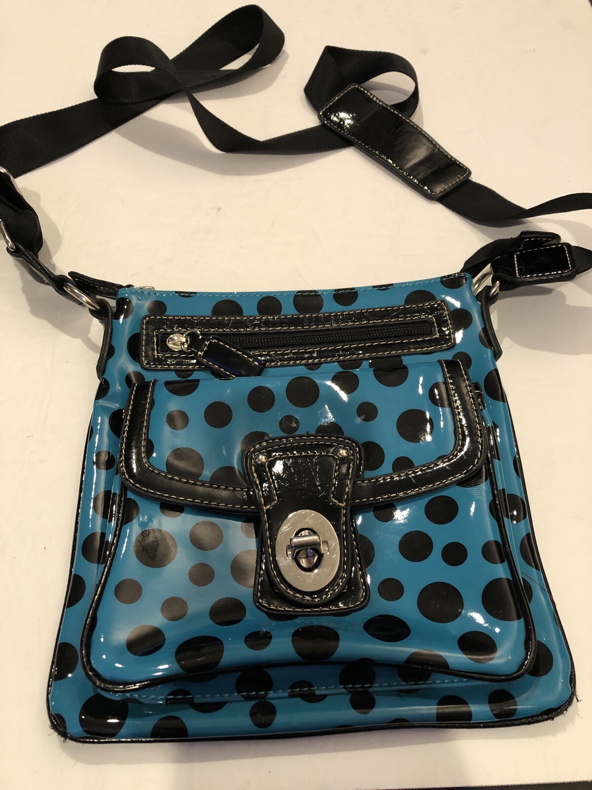 9”x8.5” Blue & Black Crossbody W/ Red Polka-dot Lining 1main Pocket 3 Others