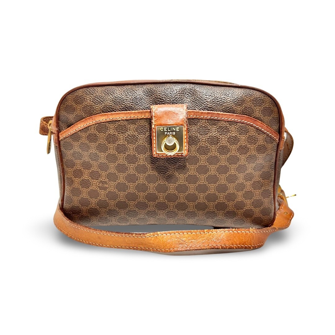 Vintage Celine Macadam Pattern Crossbody Bag M12 PVC Brown Leather