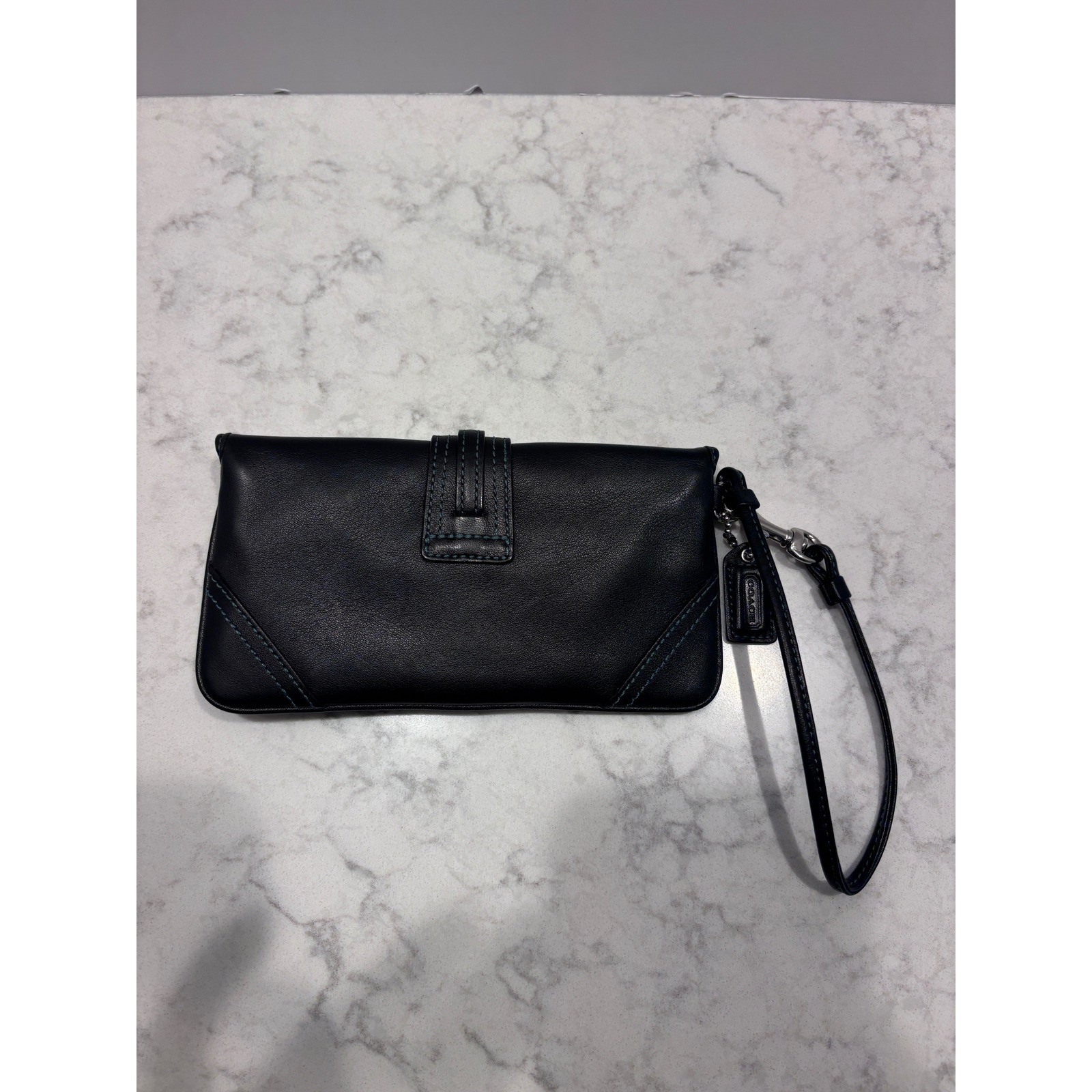 Coach Hamptons Black Leather Wristlet Teal Stitching Lobster Claw Clip Clutch