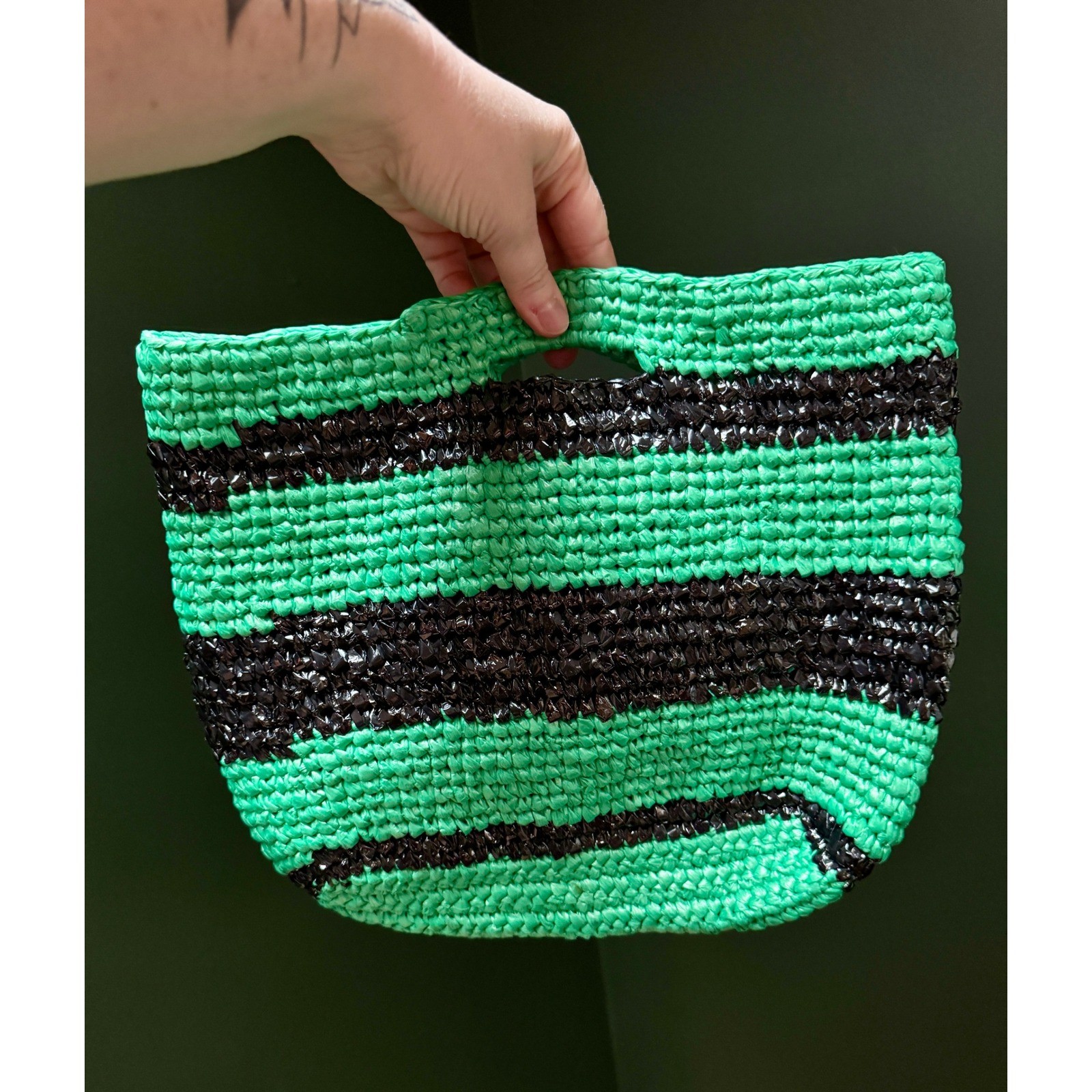 Handmade Plastic Bag Woven Black and Green Striped Purse