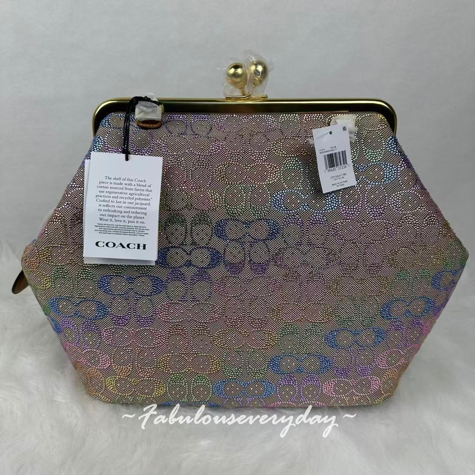 Coach Large Kisslock Frame Bag In Crystal Signature Jacquard Brass/Rainbow CCX15
