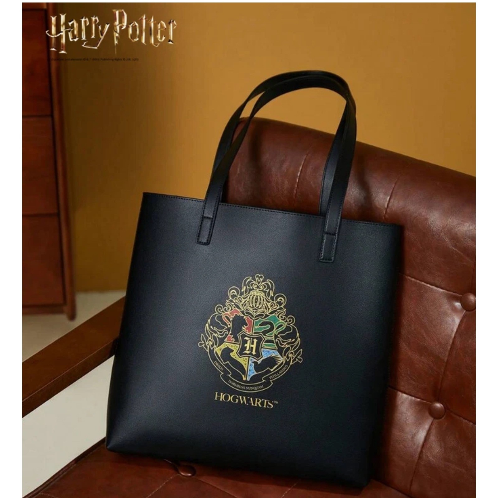 Harry Potter Hogwarts Crest Black Faux Leather Tote Bag Shoulder Bag Graphic