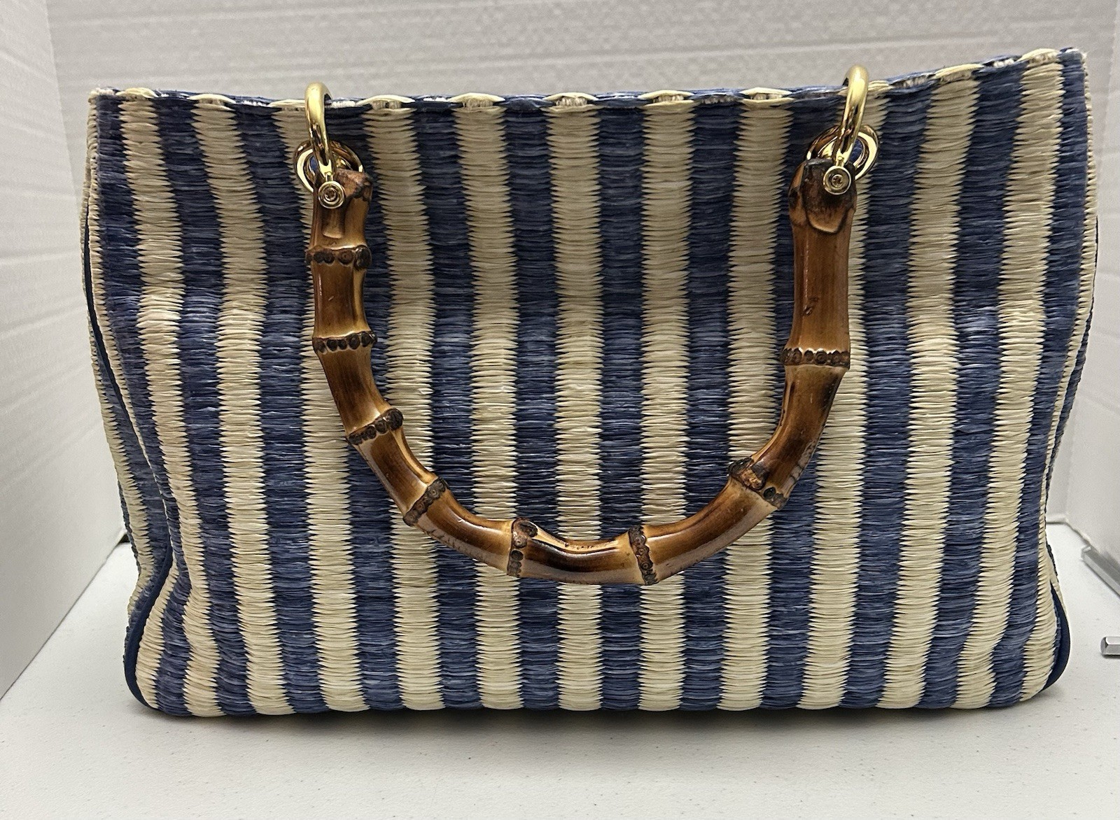 Mark and Graham Bamboo Elisabetta Raffia Handbag Blue/Natural