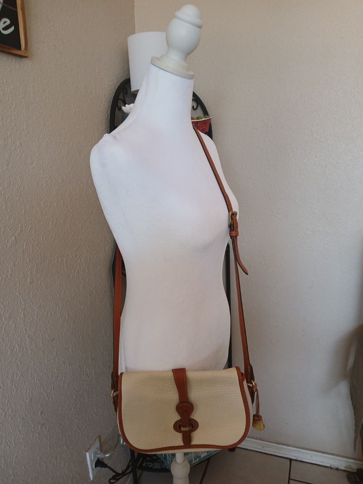 Women’s Cream Brown Pebbled Crossbody Bag Flap Buckle Gold Hardware Small