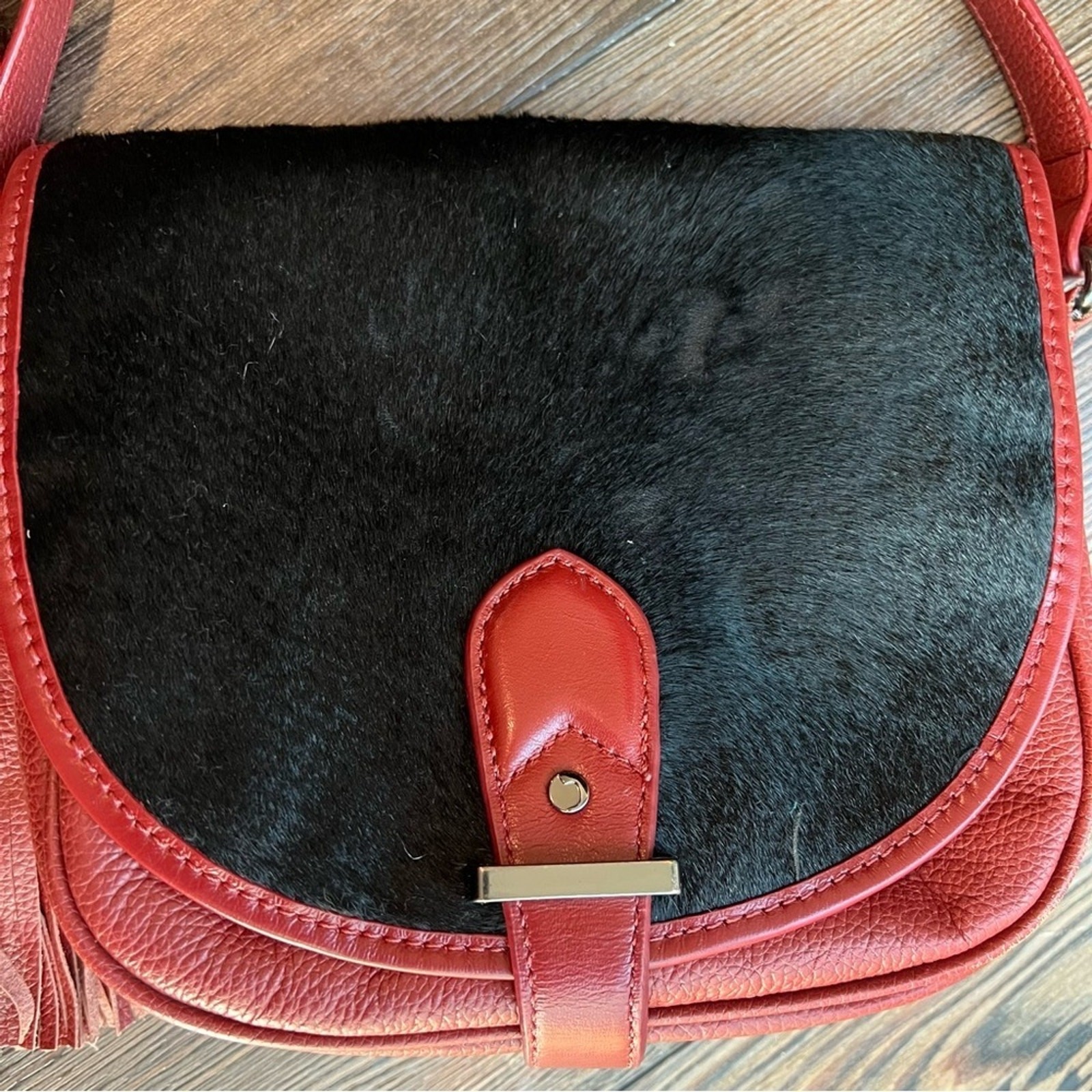 JOES JEANS Red Black Genuine leather Crossbody bag purse tassel