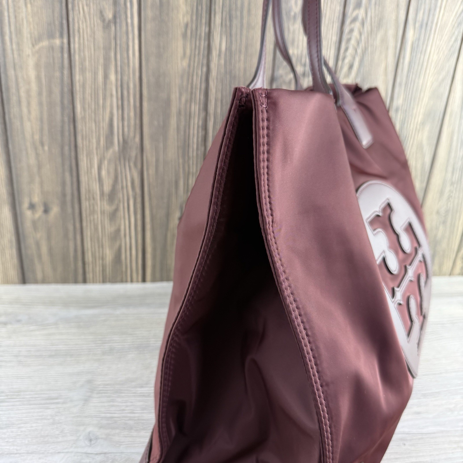 Tory Burch Ella Large Tote Bag Burgundy Nylon Leather Logo Shoulder Handbag