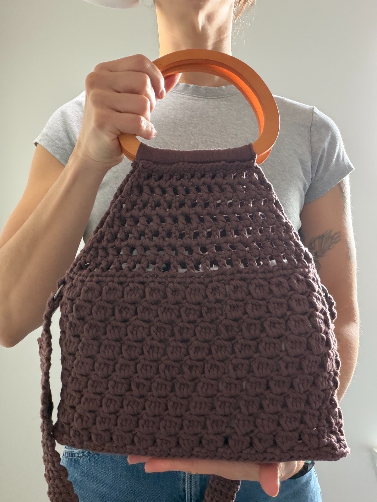 Handmade Crochet Cotton Tote Bag Brown | Wooden Handle & Crossbody Strap | Boho