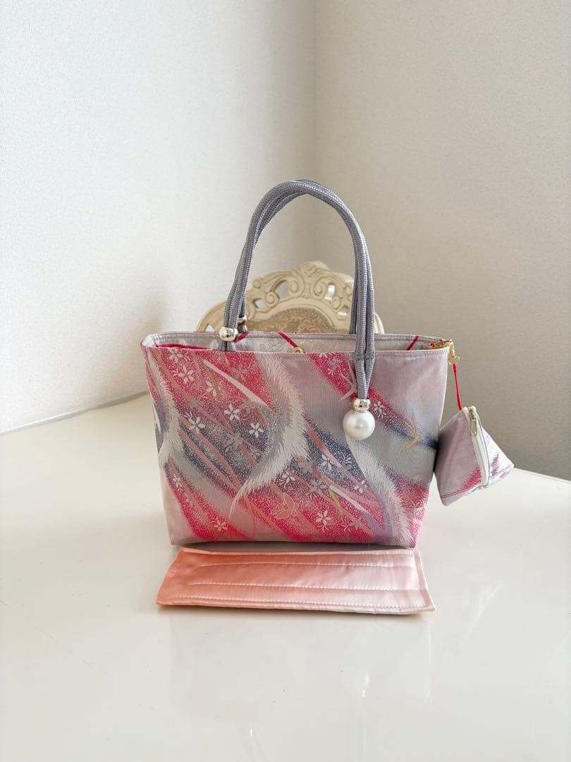 Handmade Japanese Silk Obi Tote Bag with Tetra Pouch – Remade Kimono Fabric