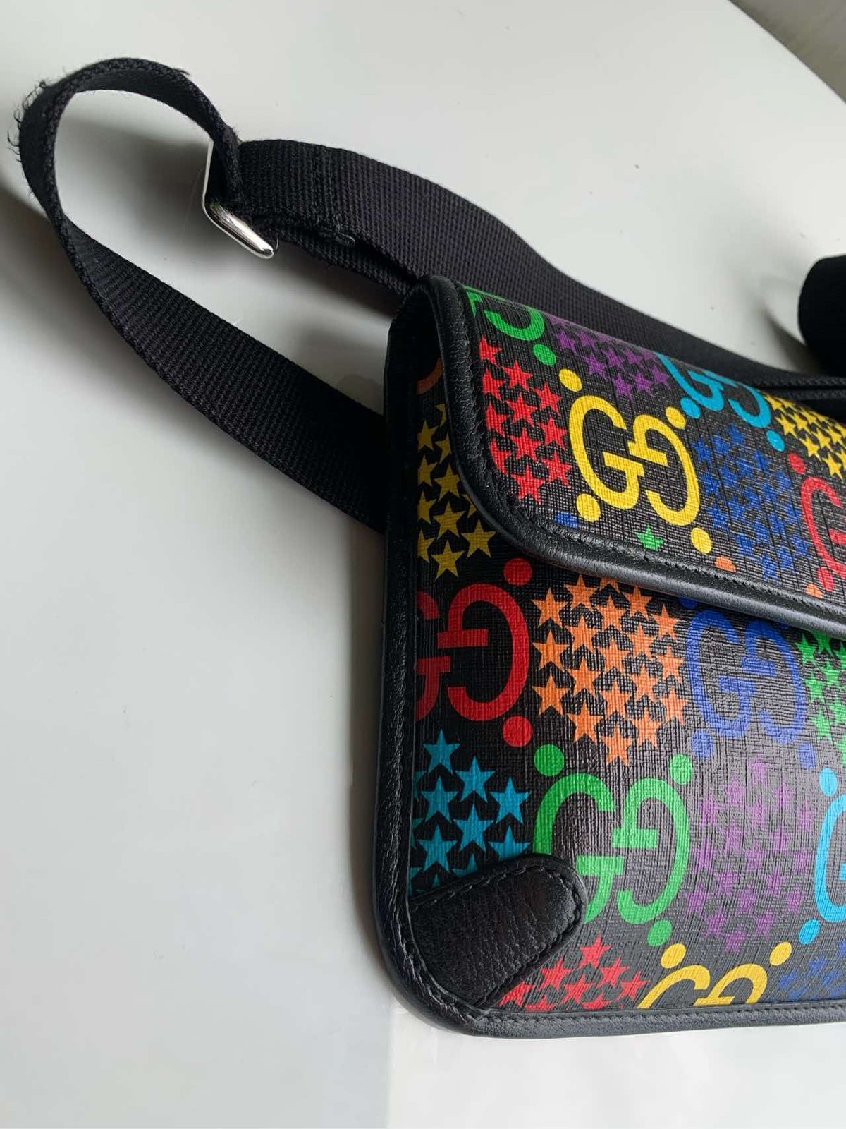 Gucci Psychedelic Limited Ed Black Multicolor Coated Canvas Waist Crossbody Bag