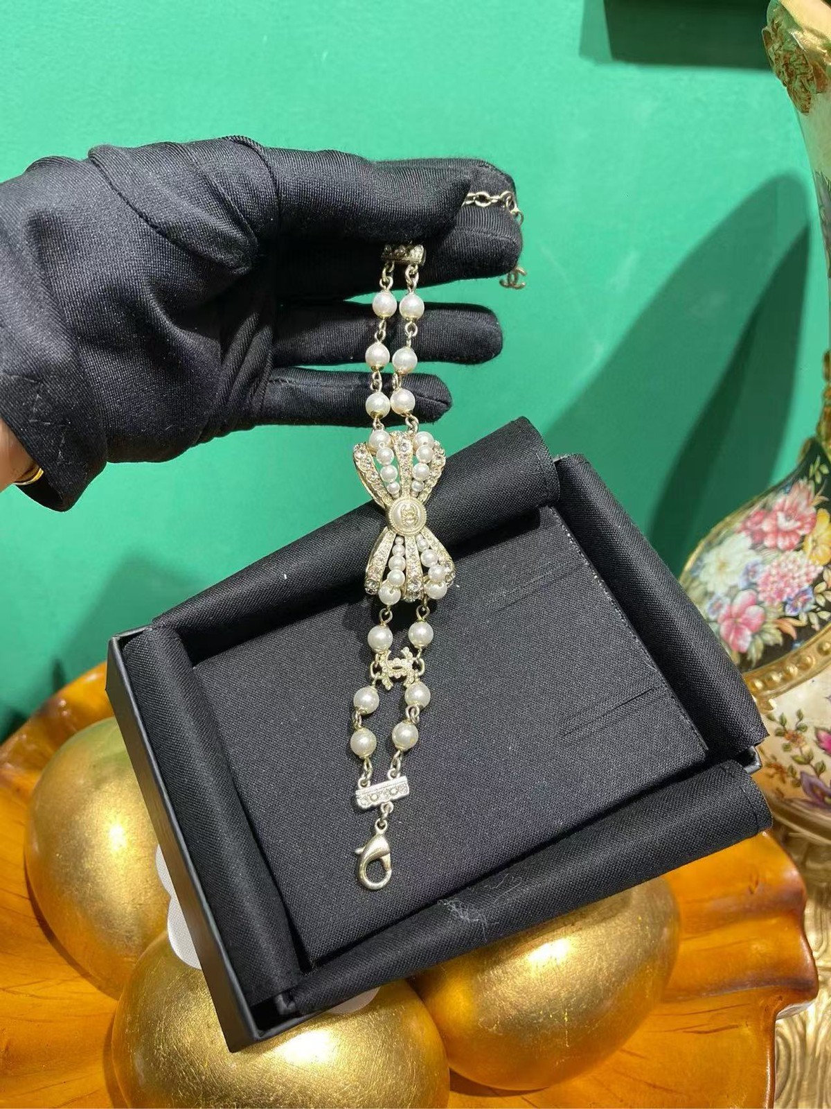 Chanel CC Pearl Bow Bracelet Metal Faux Pearl France