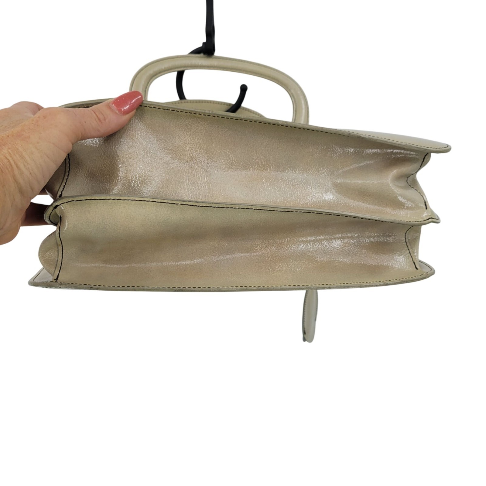 Vtg Beige Oatmeal Double-Handle Leather Structured Top Handle Handbag Old Money