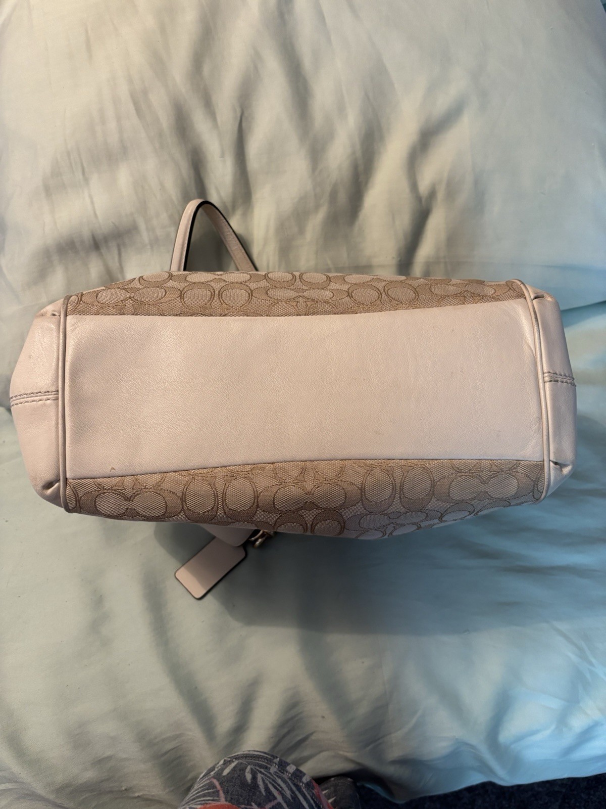 Coach Signature Monogram Shoulder Bag Beige/White Zip, Charm, Silver HW
