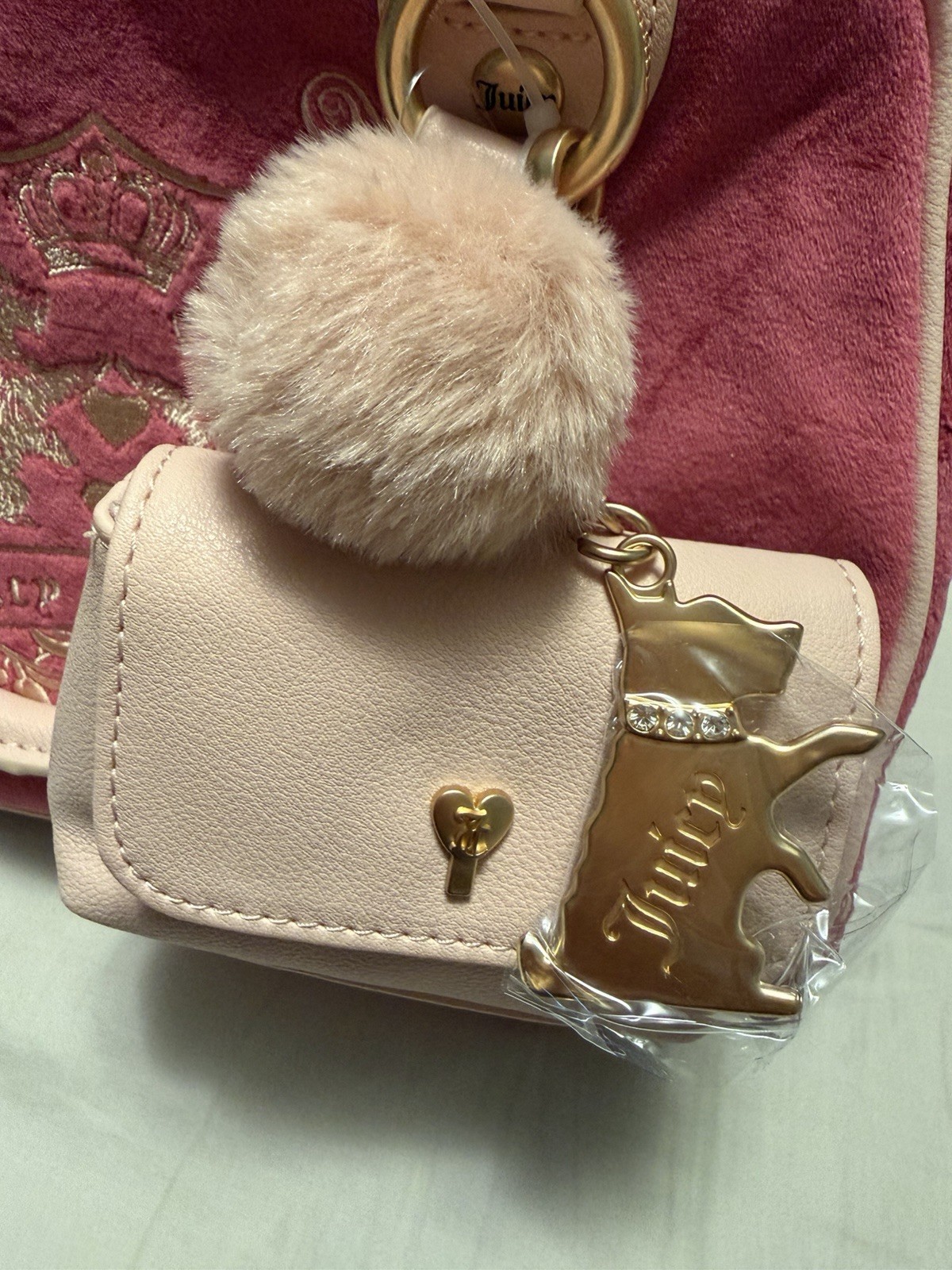 Juicy Couture Raseberry tart Satchel Quilted Logo Zip Strap Charm Pouch