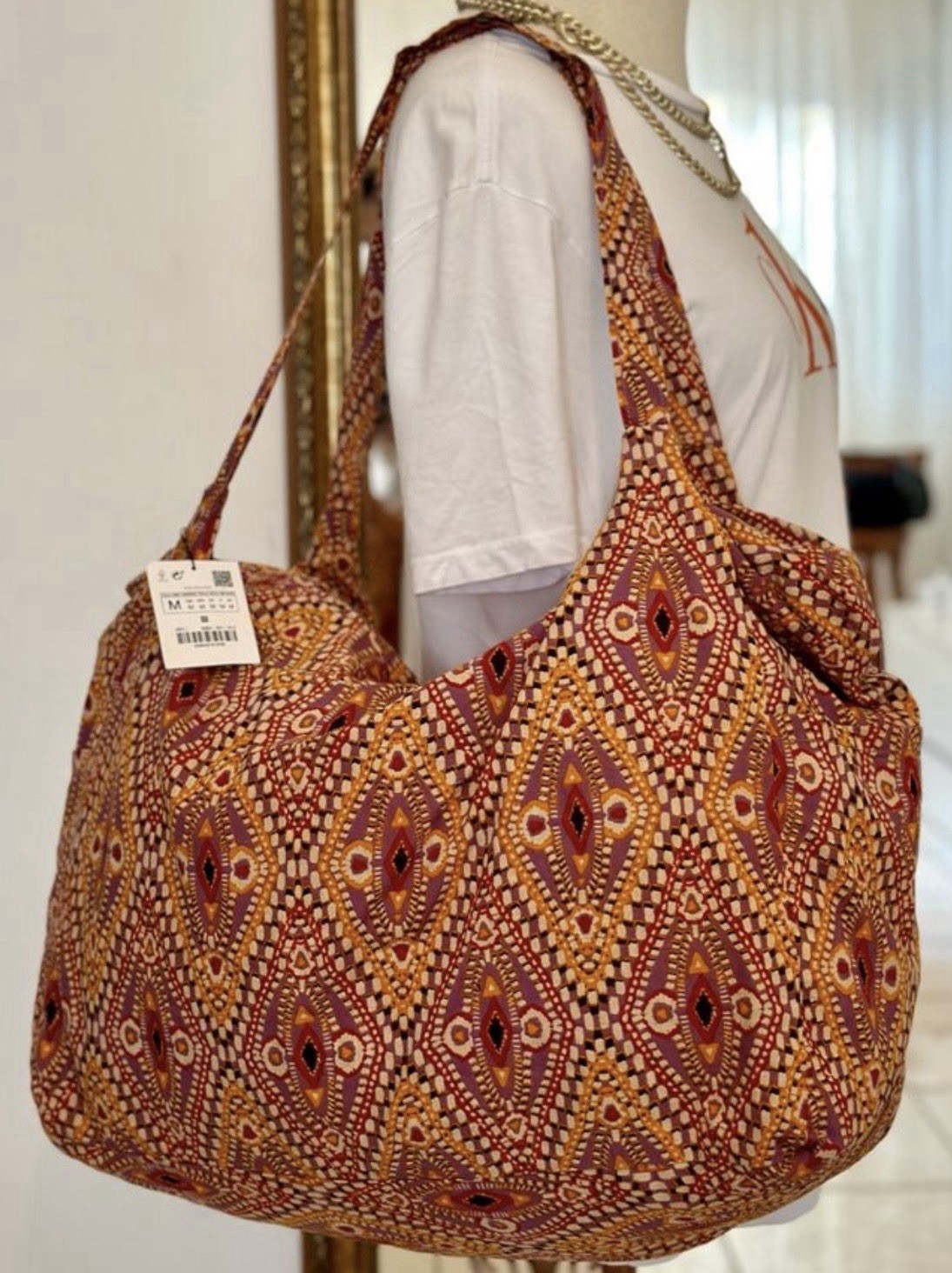 ZARA Cotton Fabric Shopper Cloth Shoulder TOTE Bag Zipper and Pockets XLarge NEW