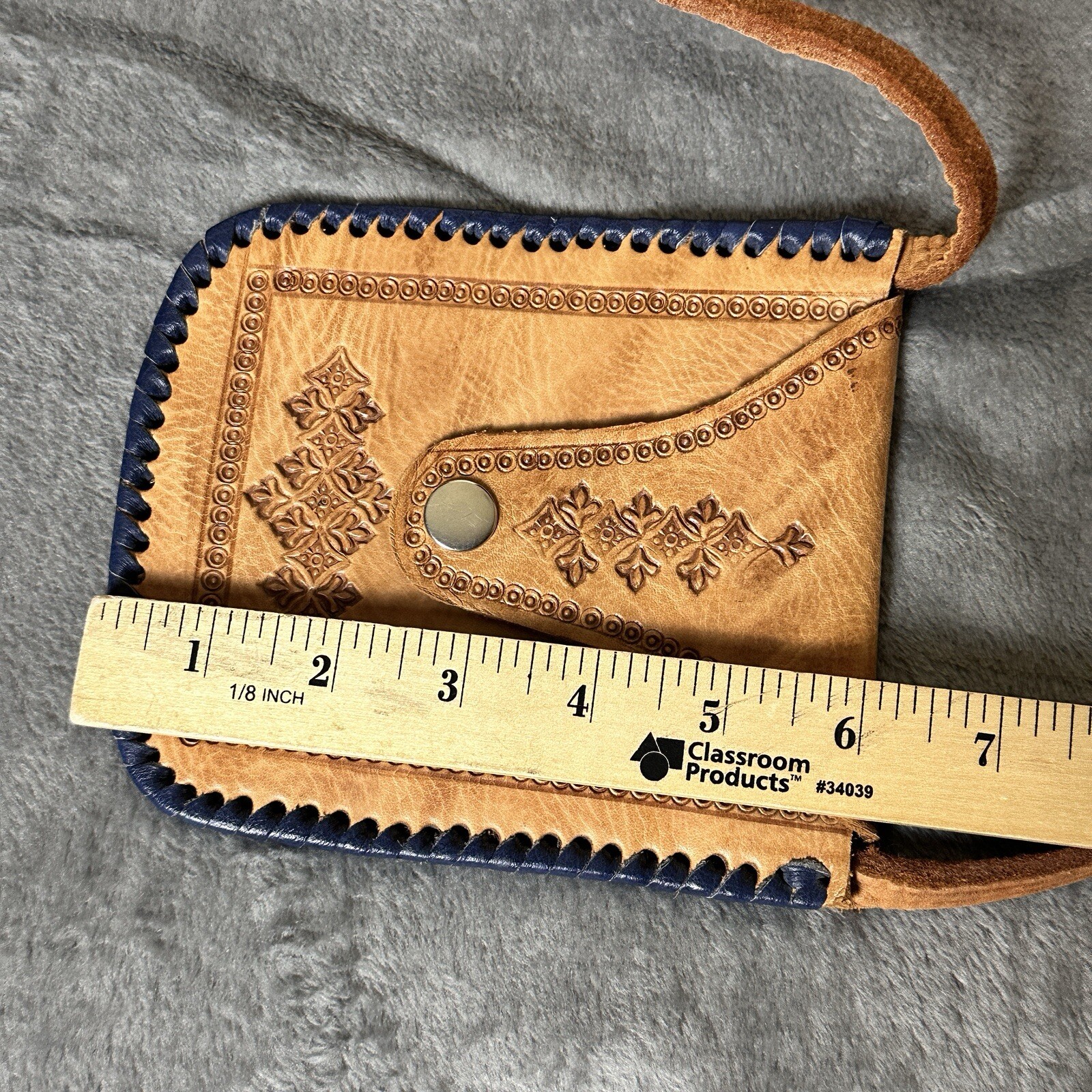 VTG Handcrafted Pouch Crossbody Bag Purse 6 Inch Leather Tooled Tan Blue Trim