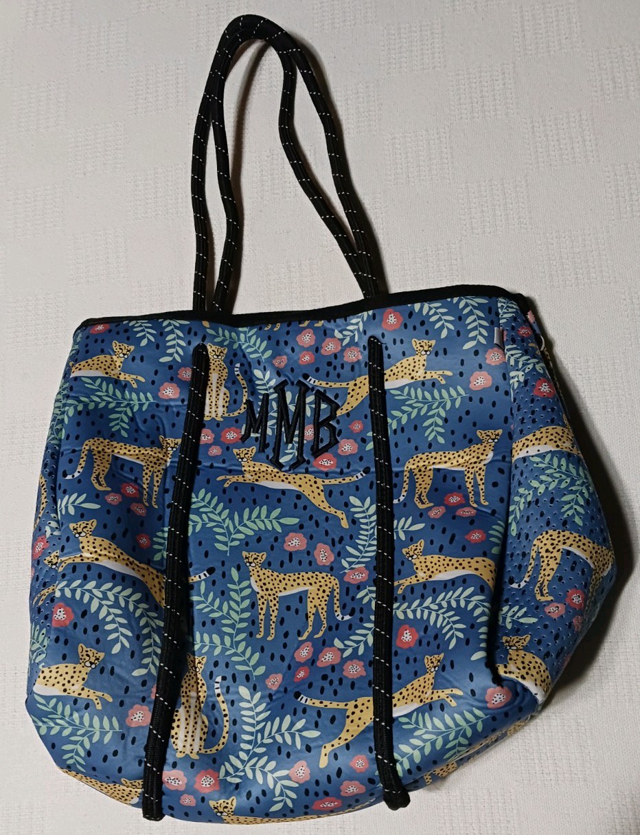 Marleylilly Monogramed Neoprene Tote Bag With A Leopard Print Design