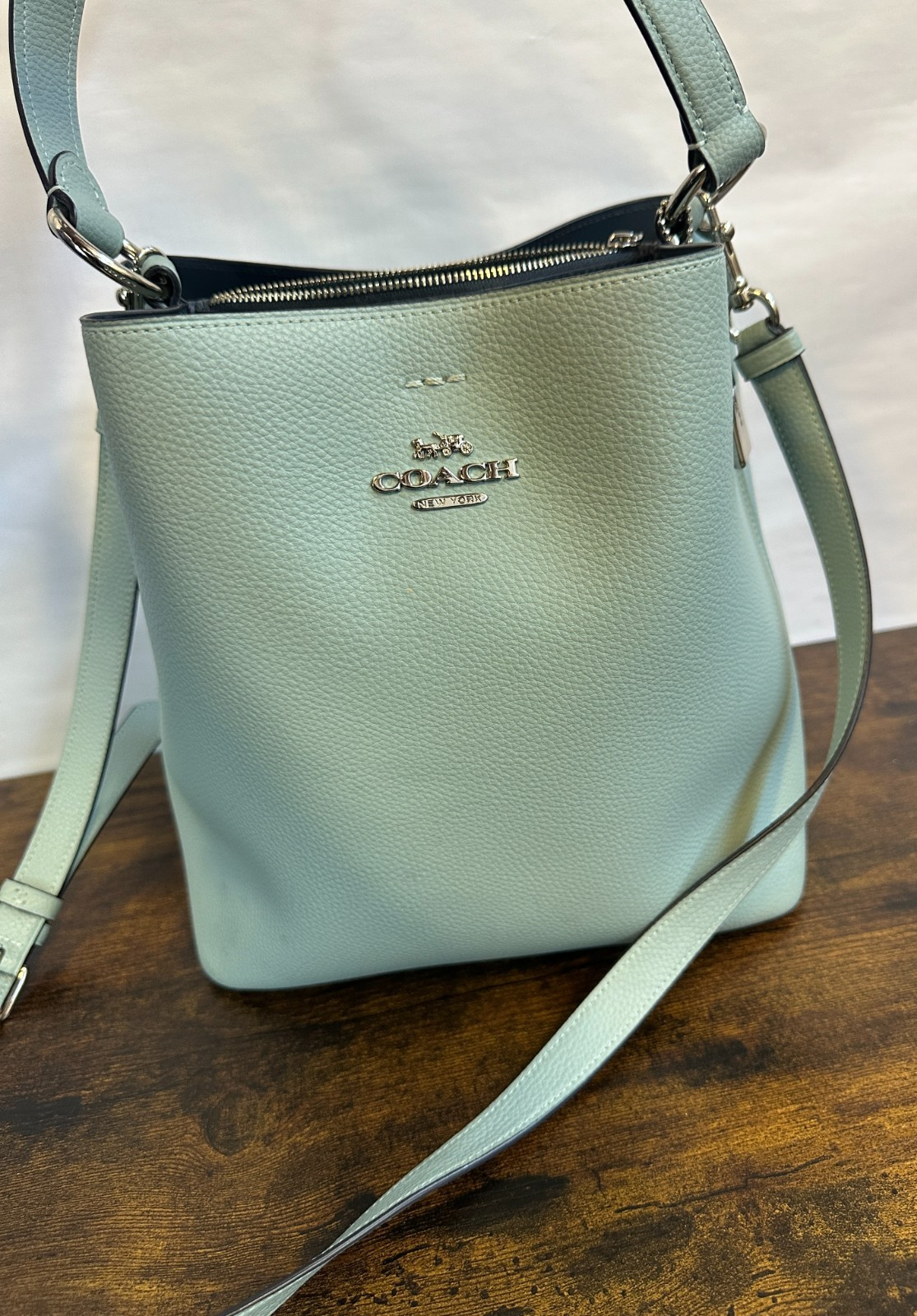 *Flawed Coach Town Bucket Bag 91122 Seafoam Blue Pebble Leather Crossbody Purse