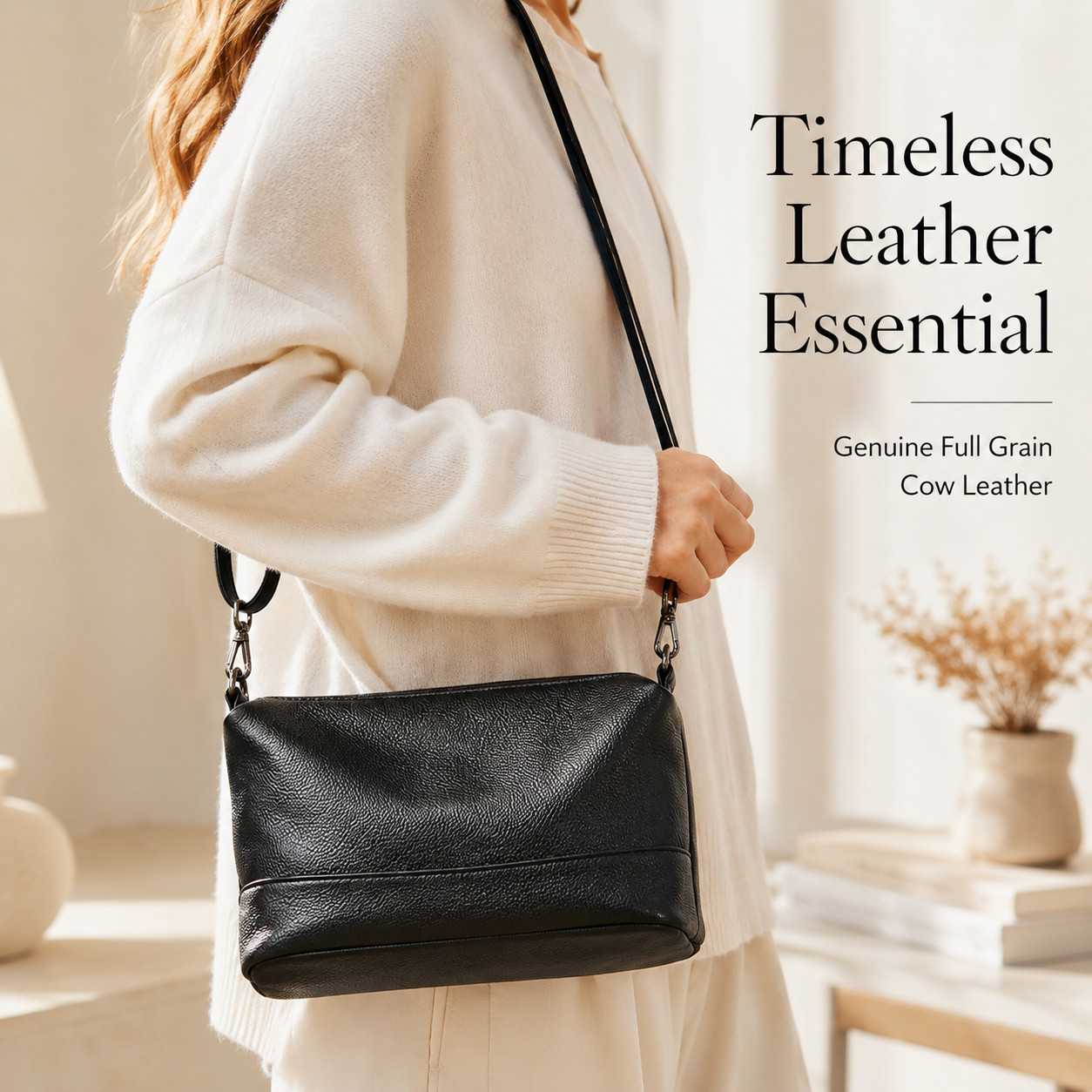 Women’s Genuine Full Grain Cow Leather Multi-Zip Crossbody Shoulder Handbag