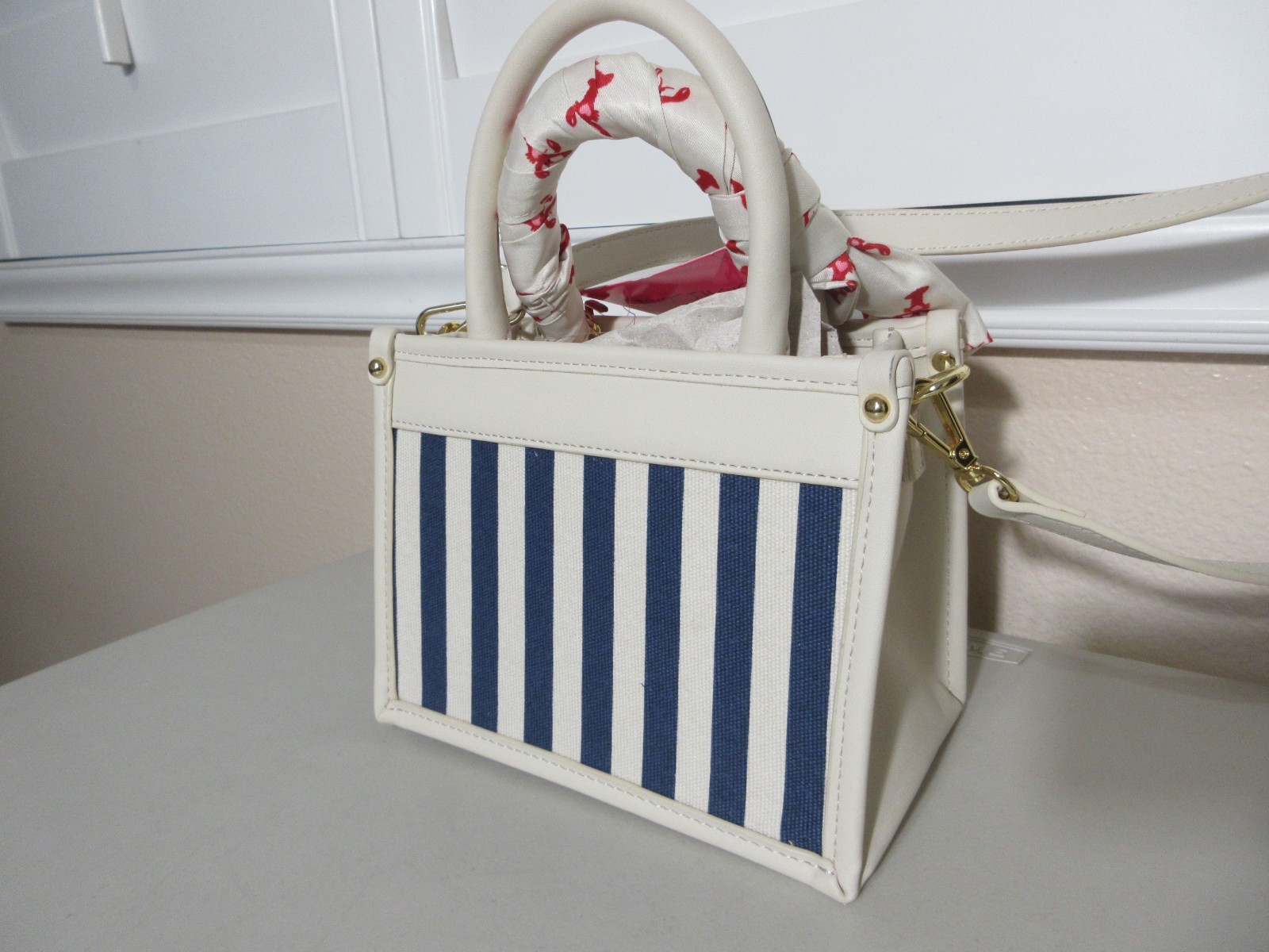 BETSY JOHNSON LOBSTER BLUE/CREAM STRIPE SHOULDER BAG XOLUCY NWT