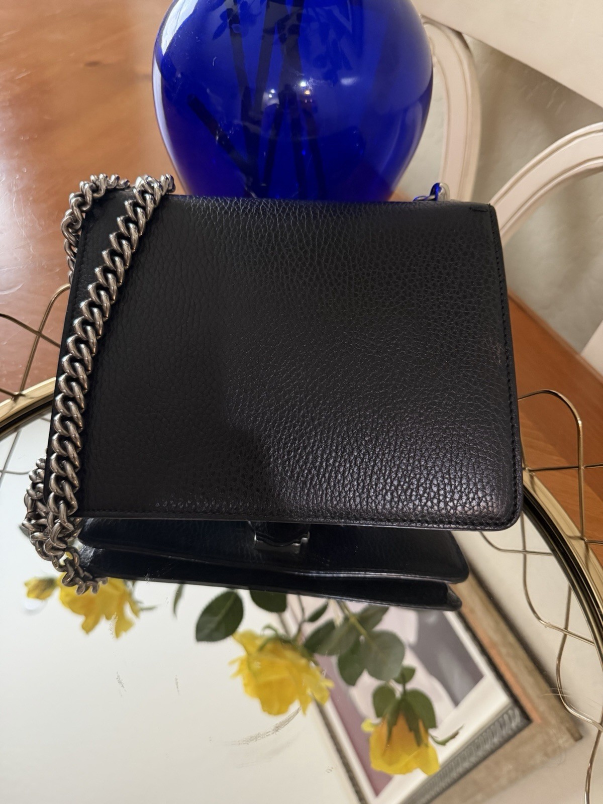 Gucci Dionysus Black Small Shoulder Bag Pebbled Finish Chain Strap Silver
