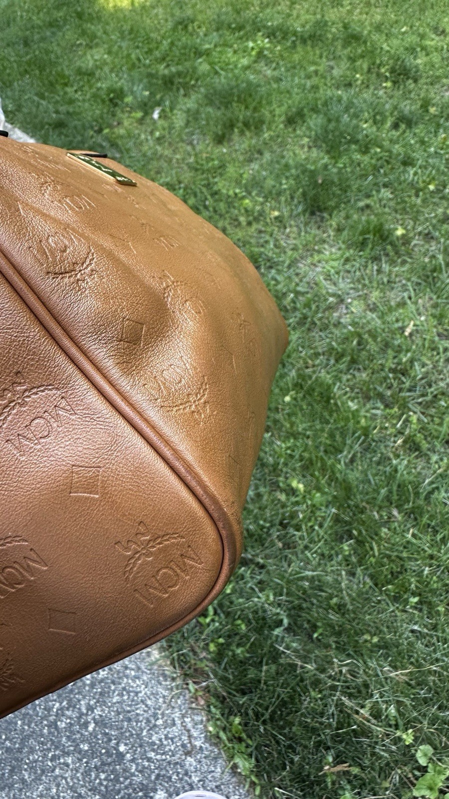 AUTHENTIC MCM Emboss Empreinte Cognac Boston Speedy Satchel Luxury Handbag HTF