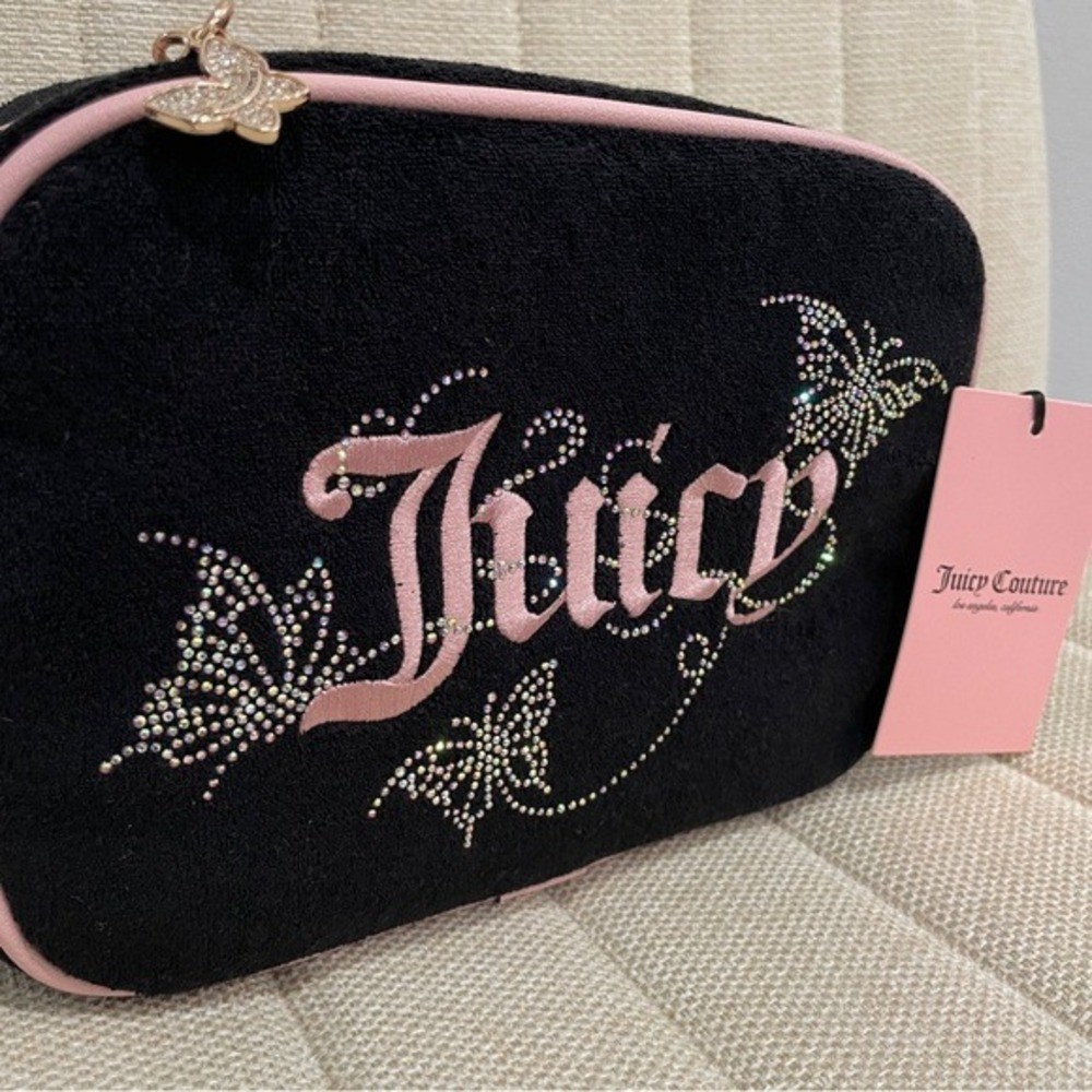 NEW Juicy Couture Black Terry Butterfly Rhinestone Camera Bag Crossbody Pink
