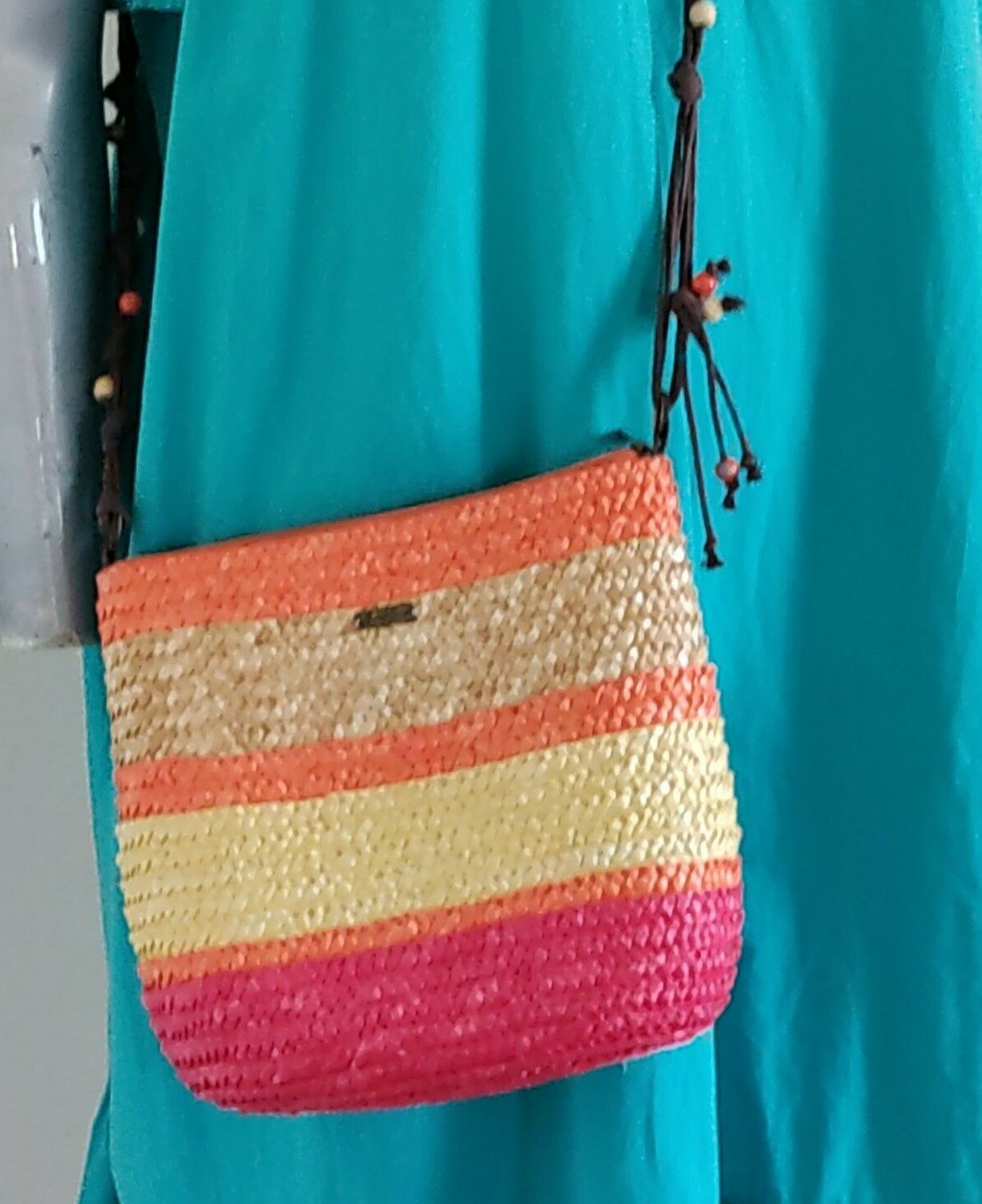 Sun ‘N’ Sand CROSSBODY OVER SHOULDER PURSE BAG WOVEN STRAW BEADED MULTICOLOR