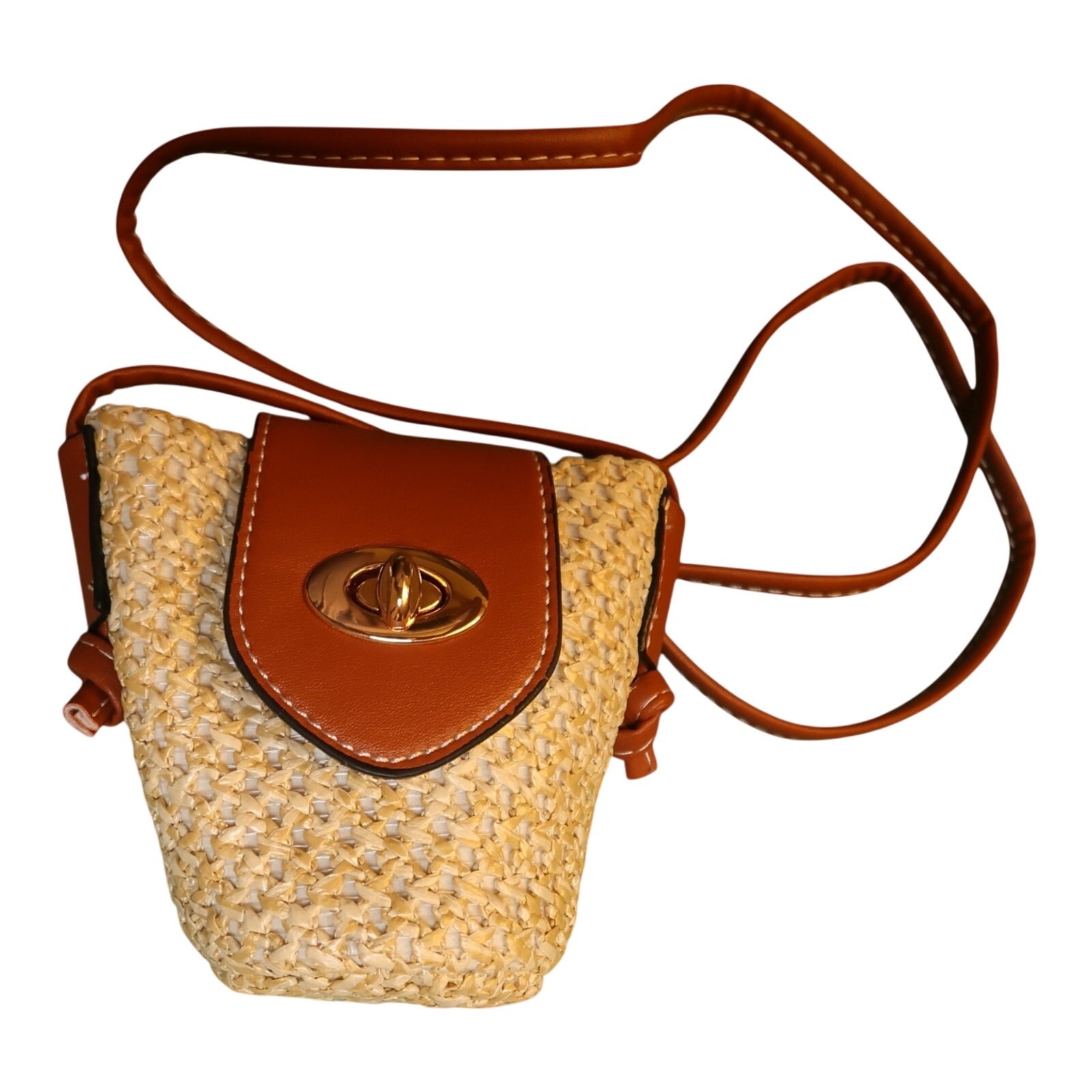 Raffia Woven Mini Crossbody Bag Turn Lock Brown Trim Straw Purse