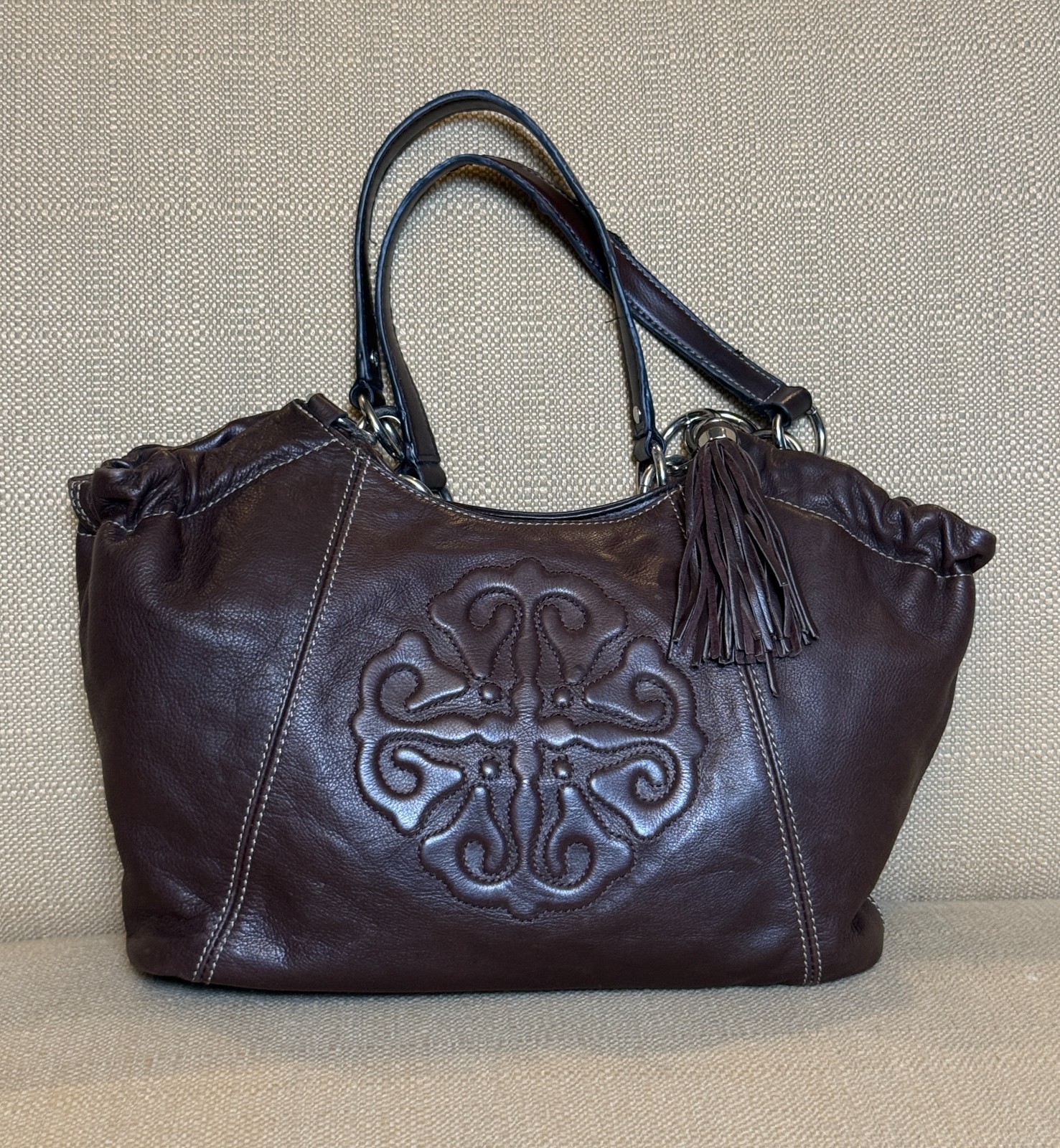 Solina Brown Genuine Leather Hobo Shoulder Bag Satchel Embossed Scroll Emblem