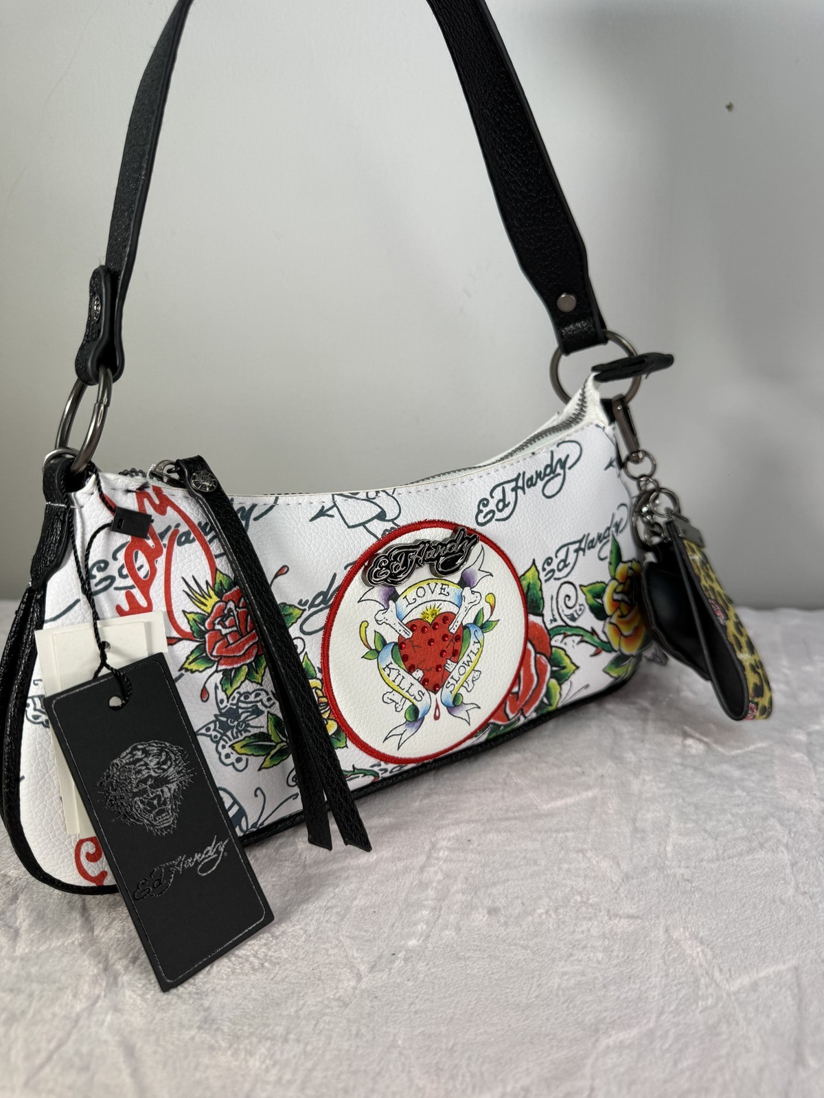 Ed Hardy White Tattoo Print Mini Shoulder Bag Zip Crossbody