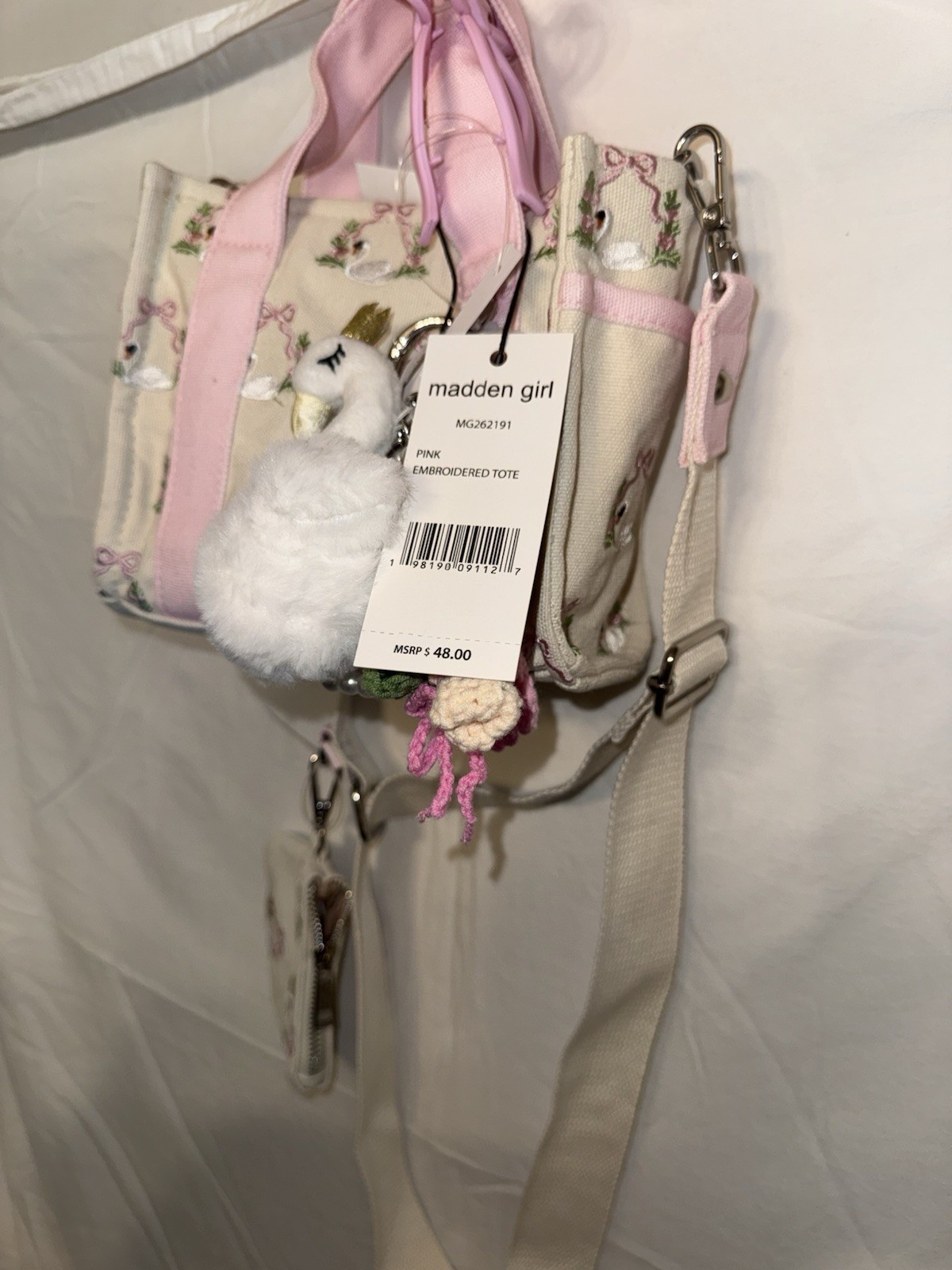 Madden Girl Pink Bow & Swan Canvas Tote Crossbody With Coin Purse