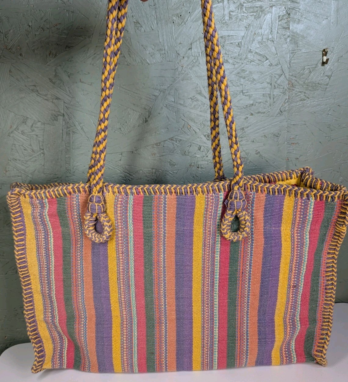 Catstudio Boho Coastal Beach Resort Woven Striped Tote Drawstring Lined Bag