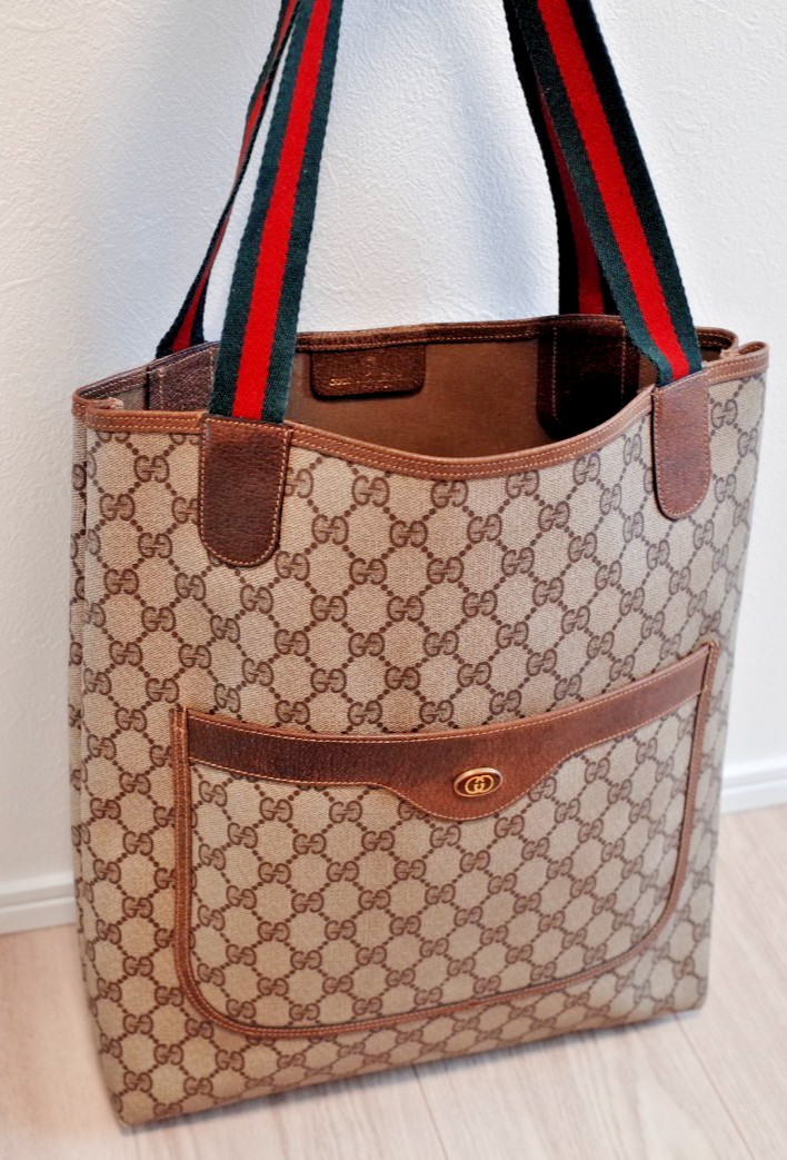 Vintage Gucci GG Supreme Tote Bag Green Red Web Stripe Brown Beige Authentic