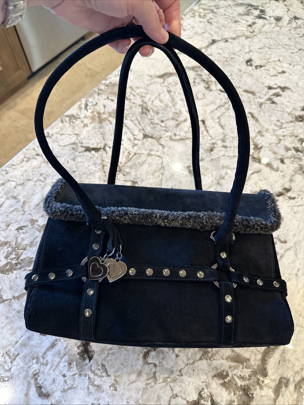 Stuart Weitzman Black Suede Harness Shoulder Bag Shearling Trim