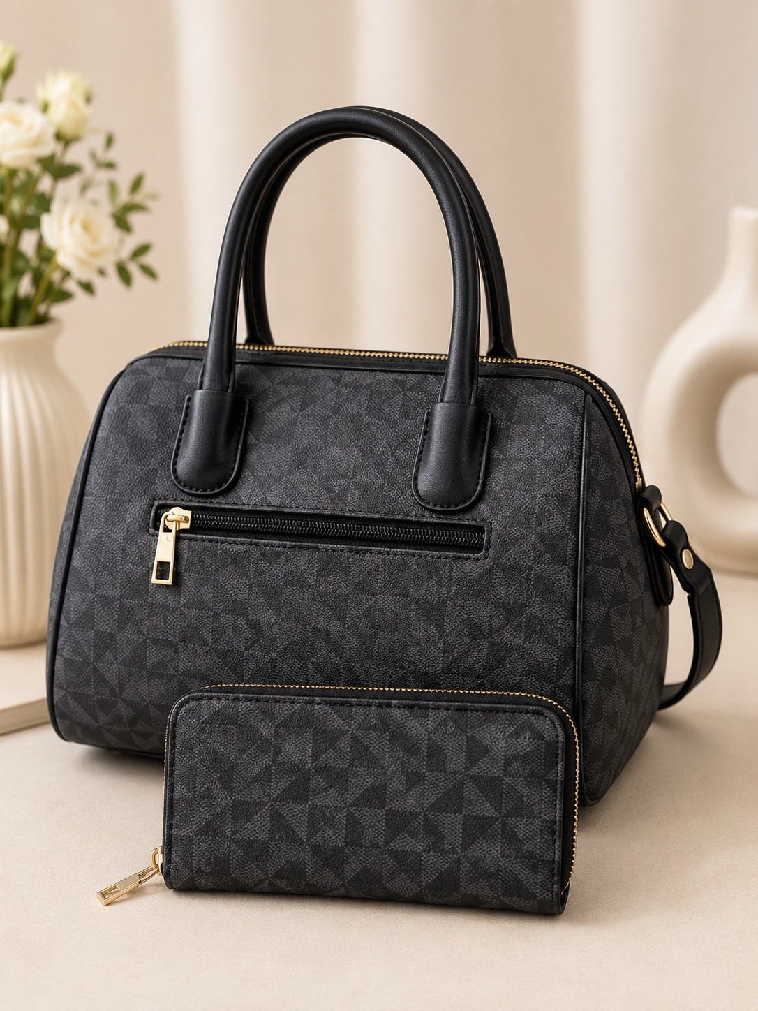 Gray/Black Geometric Satchel Top Handle Bag, Wristlet, Zip Handbag