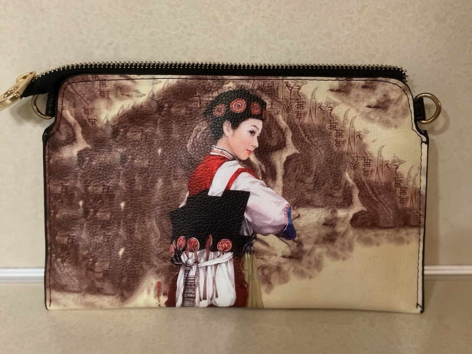 Asian Art Print Zip Clutch Wristlet Pouch Faux Leather Cosmetic Bag 9”