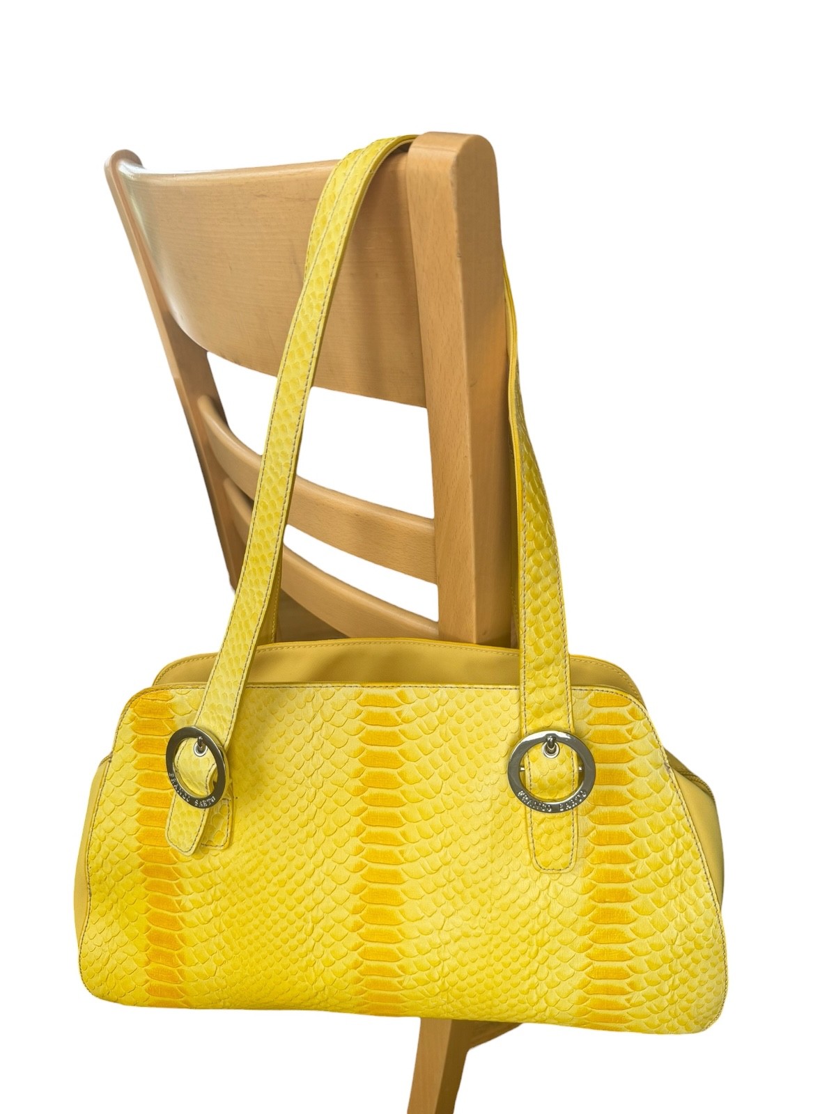 Franco Sarto Yellow Faux Python Print Shoulder Tote Bag Zip Top Silver Hardware